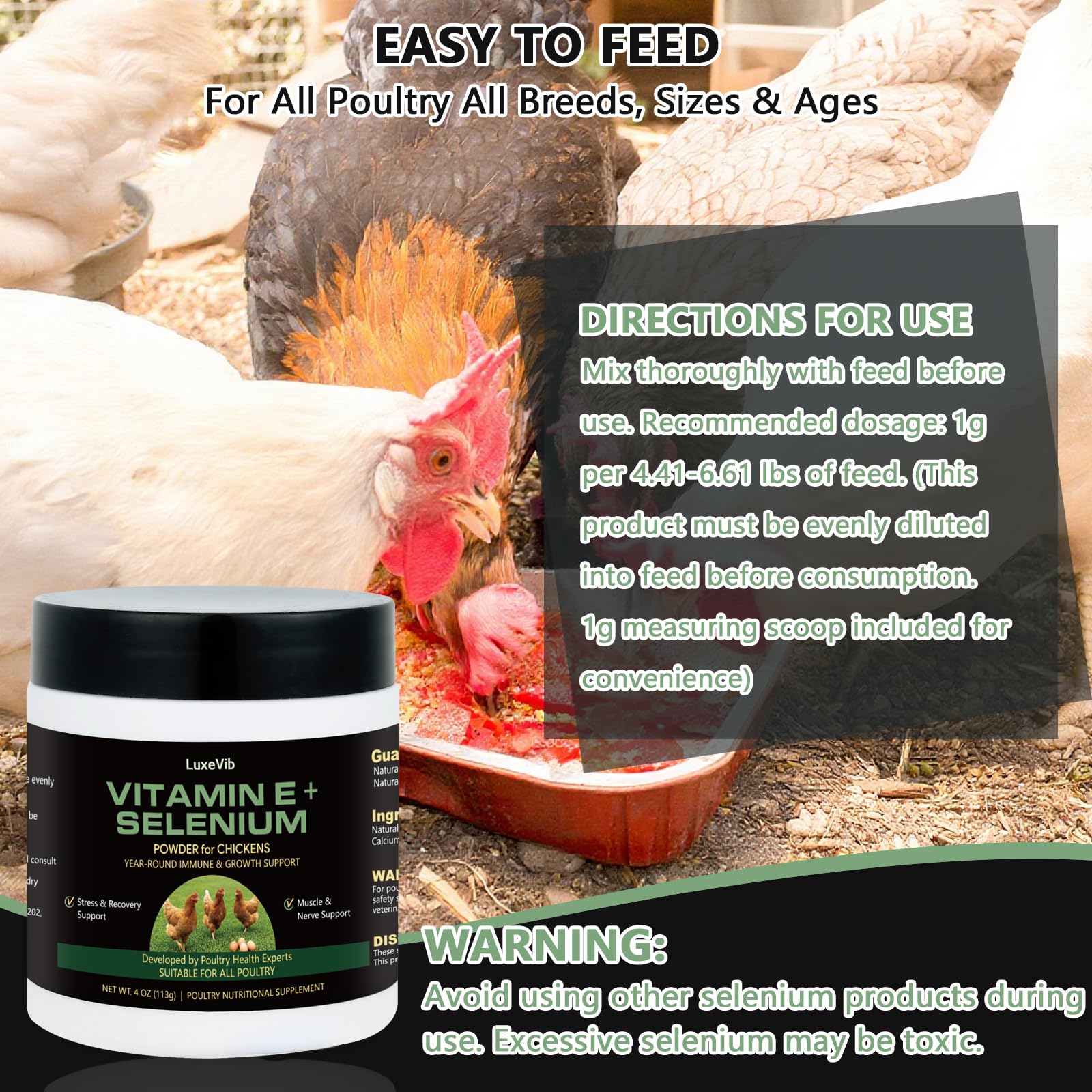 Selenium & Vitamin E Powder for Chickens, Selenium for Chickens, Immune System, Muscle Support & Prevents, Improve Wry Neck, Selenium, Vitamin E Supplements, Suitable for All Poultry — Amazon image 7