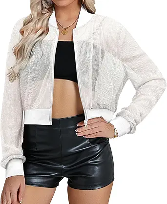 Nlife Women Sheer Mesh Sparkly Crop Bomber Jacket See Thru Glitter Rave Festival Clubwear Night Out Party Concert Outfit
