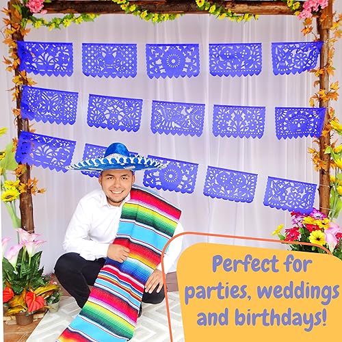 Miniatura 9 de Cartel de papel picado azul mediano, suministros de fiesta, banderas mexicanas azul rey, guirnaldas de papel perfectas para cumpleaños, despedida de