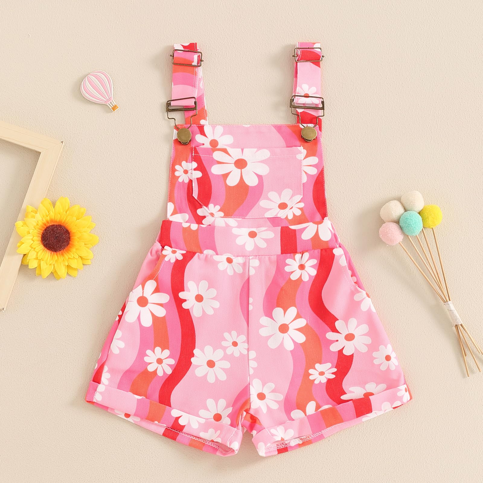 Dcohmch Toddler Girls Overalls Flower Print Sleeveless Straps Buttons Pockets Shortall Summer Romper Jumpsuit (Pink 3, 18-24 Months)