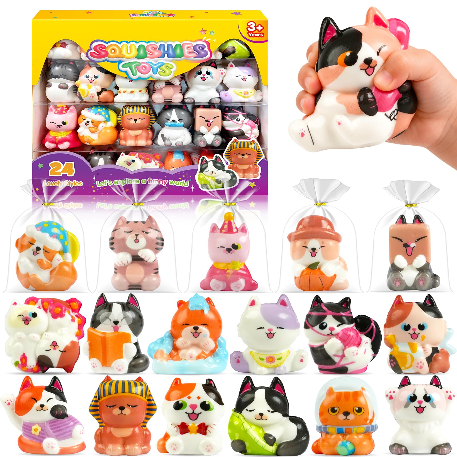 Cats Squishy Toys for Kids - 24PCS Slow Rising Squishies Set, Kawaii Cats Stress Balls, Squishy Fidget Toys, Squeeze Toys for Party Bag Fillers, Class Gifts, Birthday Gifts for Boys Girls Toddlers