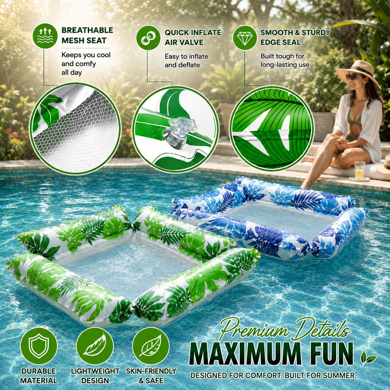 Hamaca Hinchable Piscina Set de 2, dellyy Sillon Hinchable Piscina para Adultos con Malla Transpirable, Hamaca de Agua con Respaldo y Soporte para Piernas, Ideal para Playa, Vacaciones y Relax