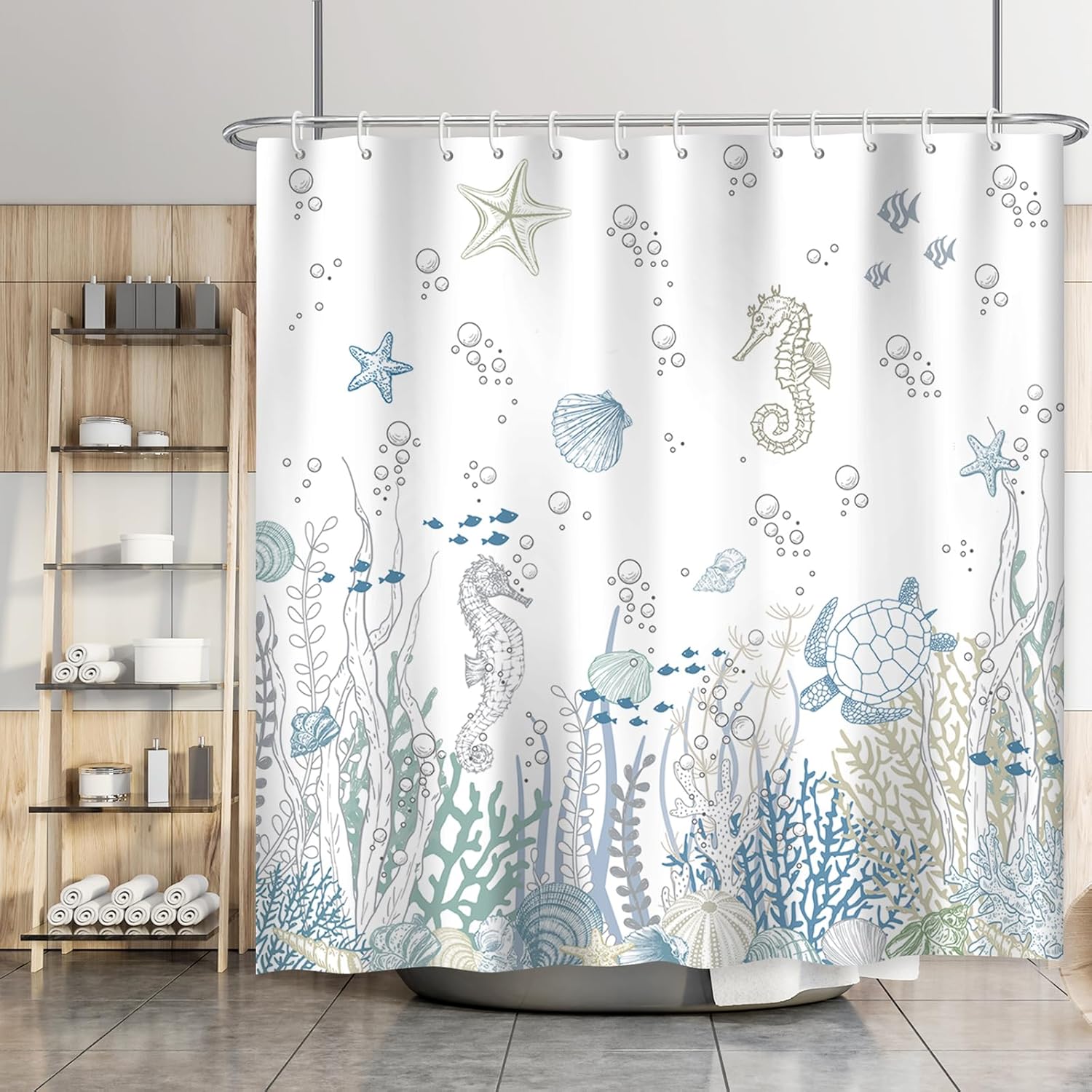 Coastal Turtle Seahorse Shower Curtain Starfish Seashell Fish Coral Blue Ocean Beach Shower Curtains for Bathroom Waterproof Polyester Fabric Bath Curtain 72 x 72 Inch with 12 Hooks