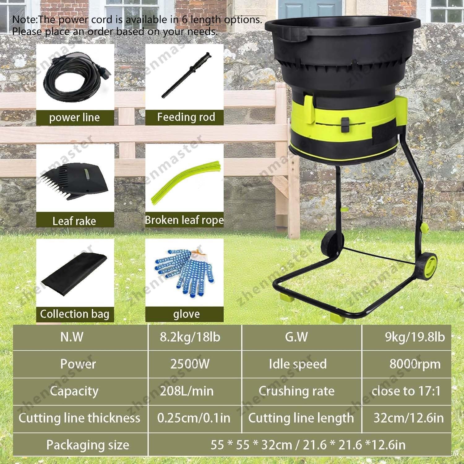Biotrituradora Eléctrica 2500W Con Bolsa Recolectora Y Ruedas, Trituradora De Hojas 8000 RPM, Compostador Seguro Bladeless, Jardín Limpio Todo El Año(Powercordx10m)