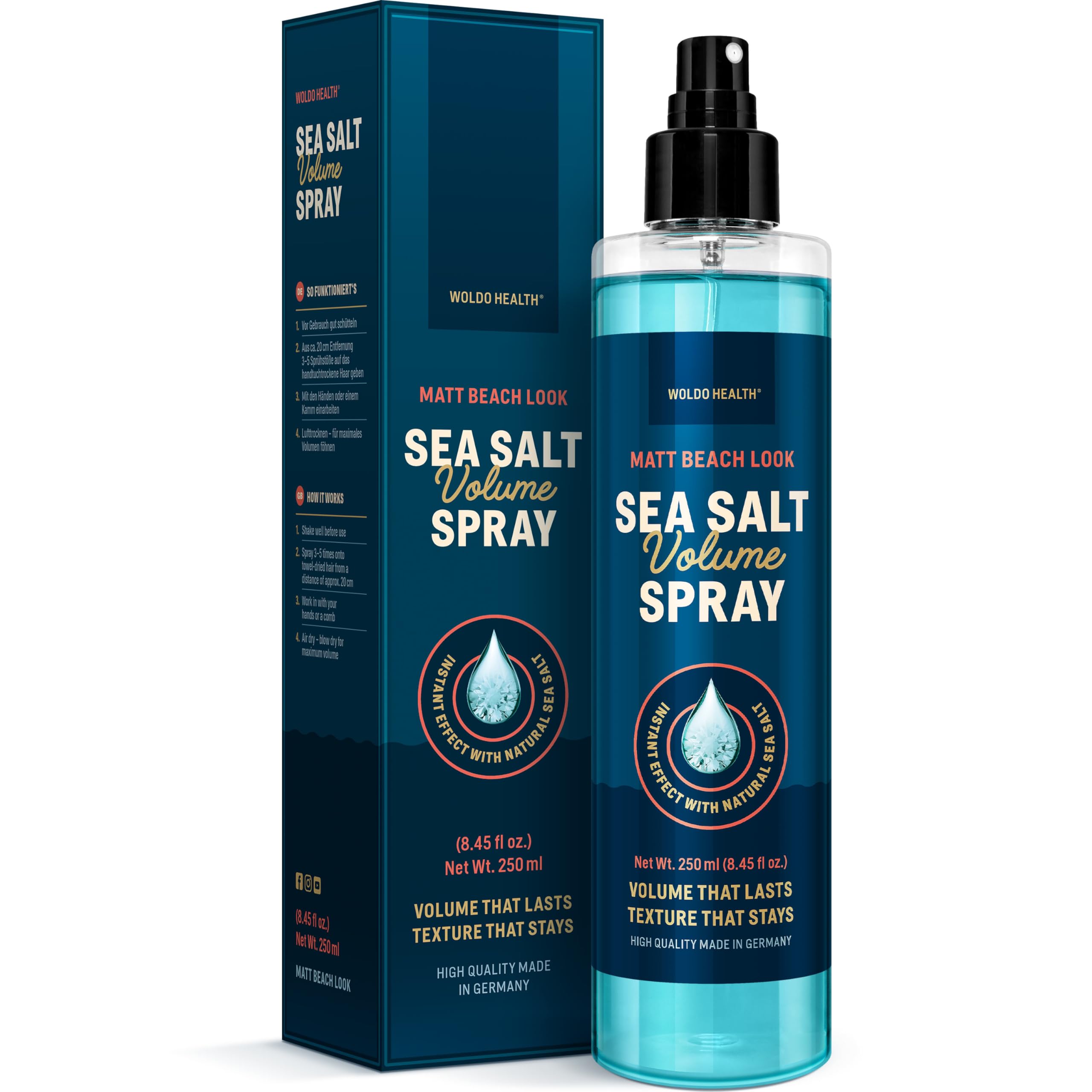 WoldoHealth Sea Salt Spray 250ml – Per più volume e texture, effetto beach look opaco, non appiccica, profumo unisex discreto, per capelli fini, corti e lunghi