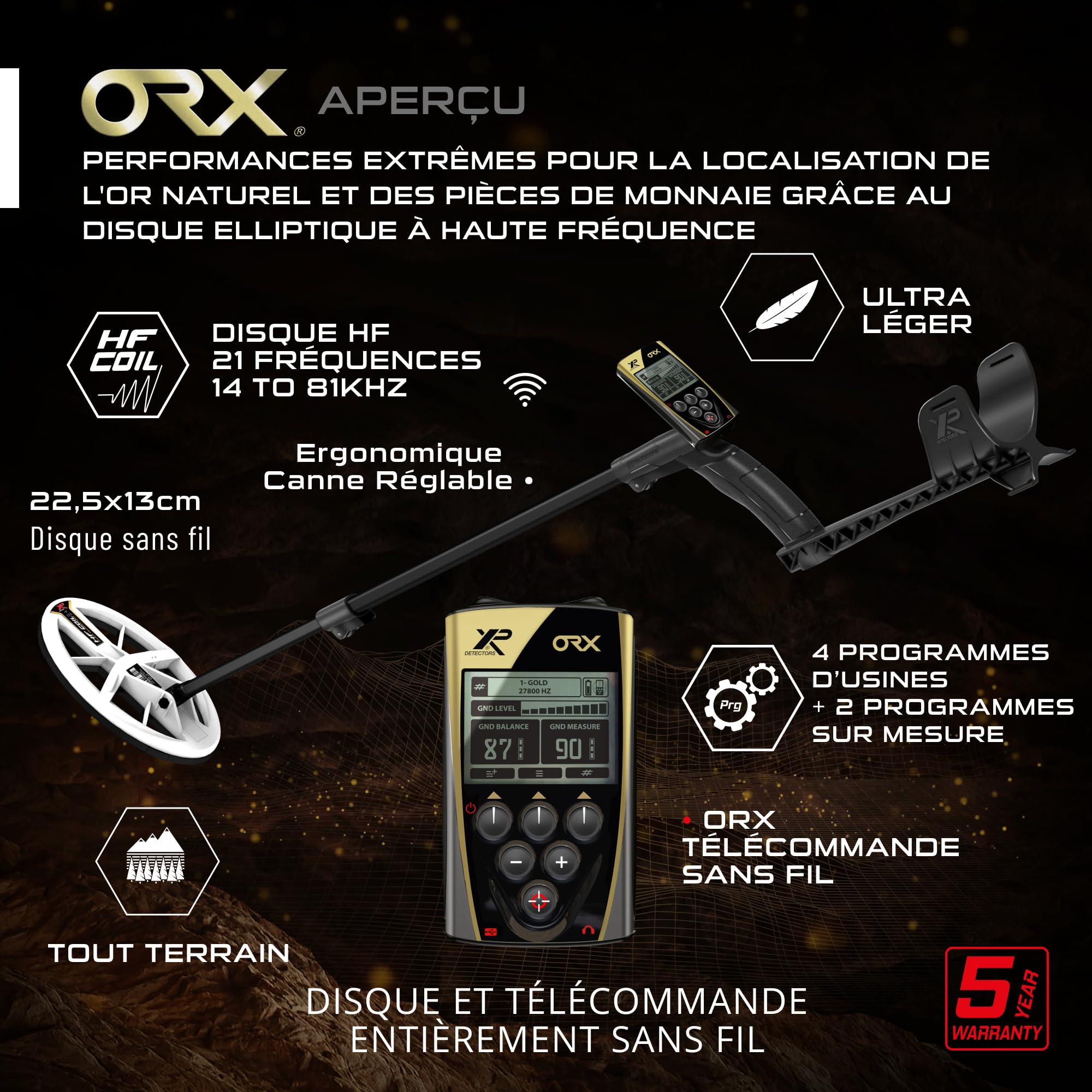 XP Metal Detectors - Detector ORX - Dedicado a Pepitas y Monedas pequeñas - con pinpointer MI-6, Plato elíptico HF hasta 80 kHz, Mando a Distancia y muleta telescópica Ligera (ORX-ELLHFRCF-MI6)