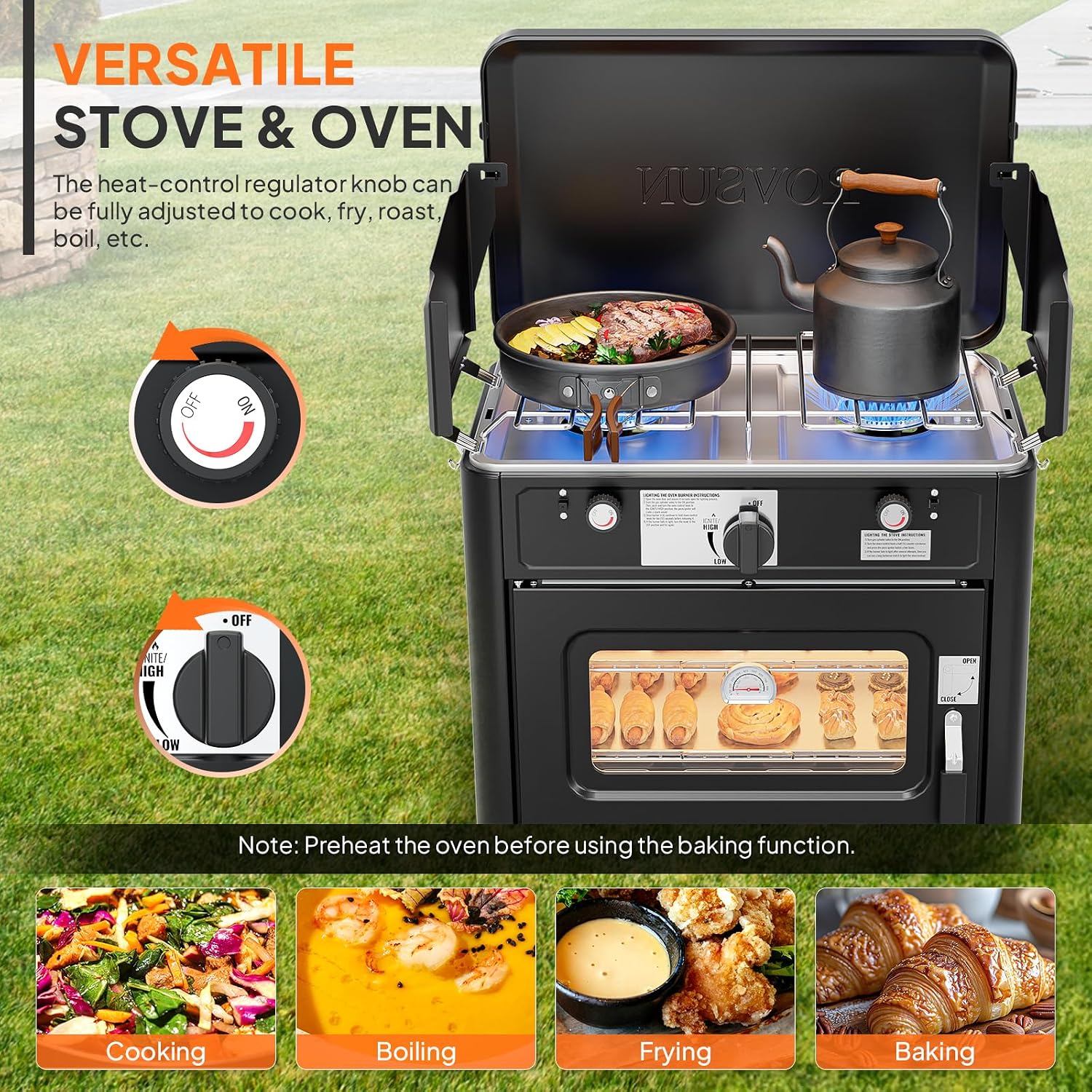 ROVSUN 2-in-1 Portable Camping Stove & Propane Oven with Piezo Igniter, 2 Burner Stove & Outdoor Oven with Adjustable Fire, Thermometer, Wind Panel & Regulator for Traveling, Tailgating (Black)