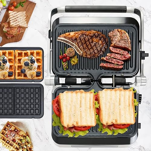 Panini Waffle Maker Combo  Panini Grill Press Sandwichera, parrilla interior sin humo, 1600 W, apertura de 180, platos extraíbles, acero inoxidable,