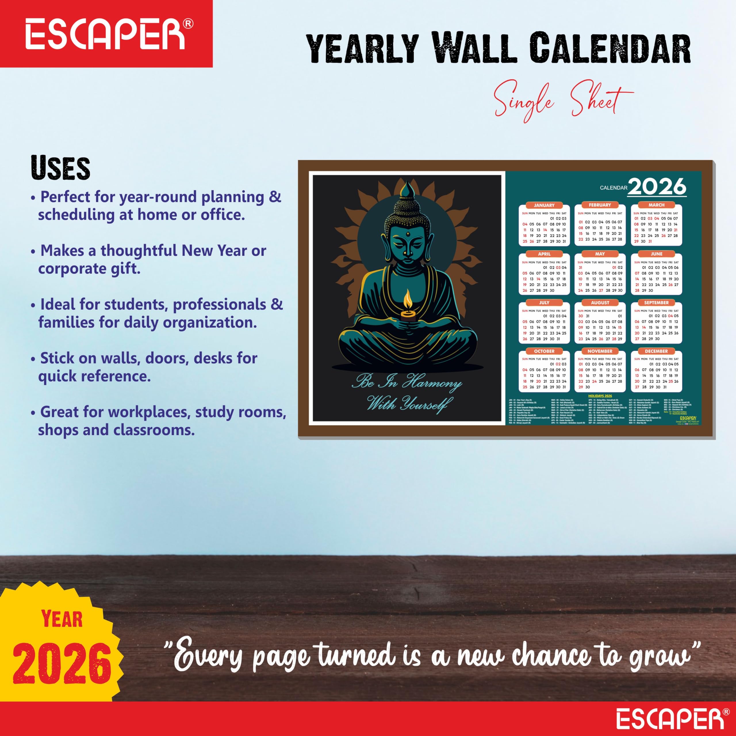 ESCAPER Buddha Yoga Wandkalender 2026 - 30,5 x 45,7 cm, Meditations- & Yoga-Wandkalender, Yogasana- & Asana-Diagramme, Yoga-Posen, Chakra-Inspiration