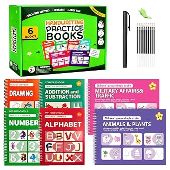 Magic Grooved Writing Practice Books,Grooved Handwriting Practice for Kids 3-5,Reusable Groove Workbooks,Preschool Learning Activities with Auto-Disappearing Pen,Birthday Gifts for Kids 3+6-Book