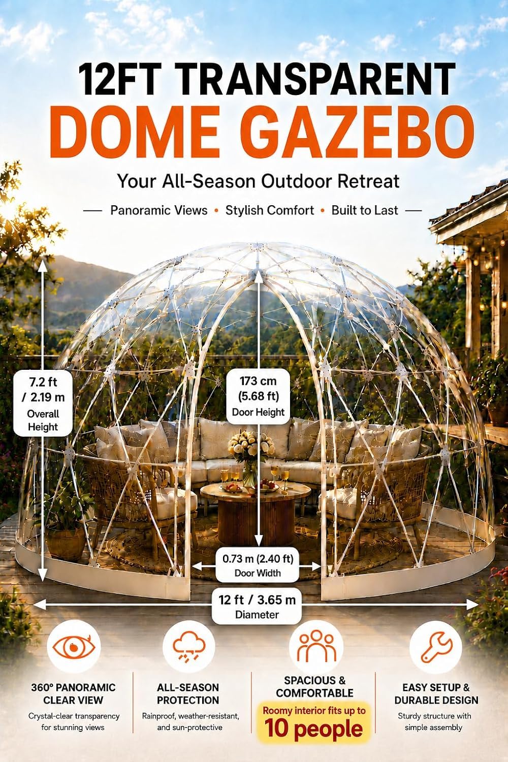 Namiot ogrodowy z kopułą, szklarnia Igloo z kopułą ogrodową, ogrodowe przezroczyste schronienie Geodezyjne dla 8-10 osób na patio przydomowe, altanki z baldachimem Dom z ekranem Pokój od szklarni