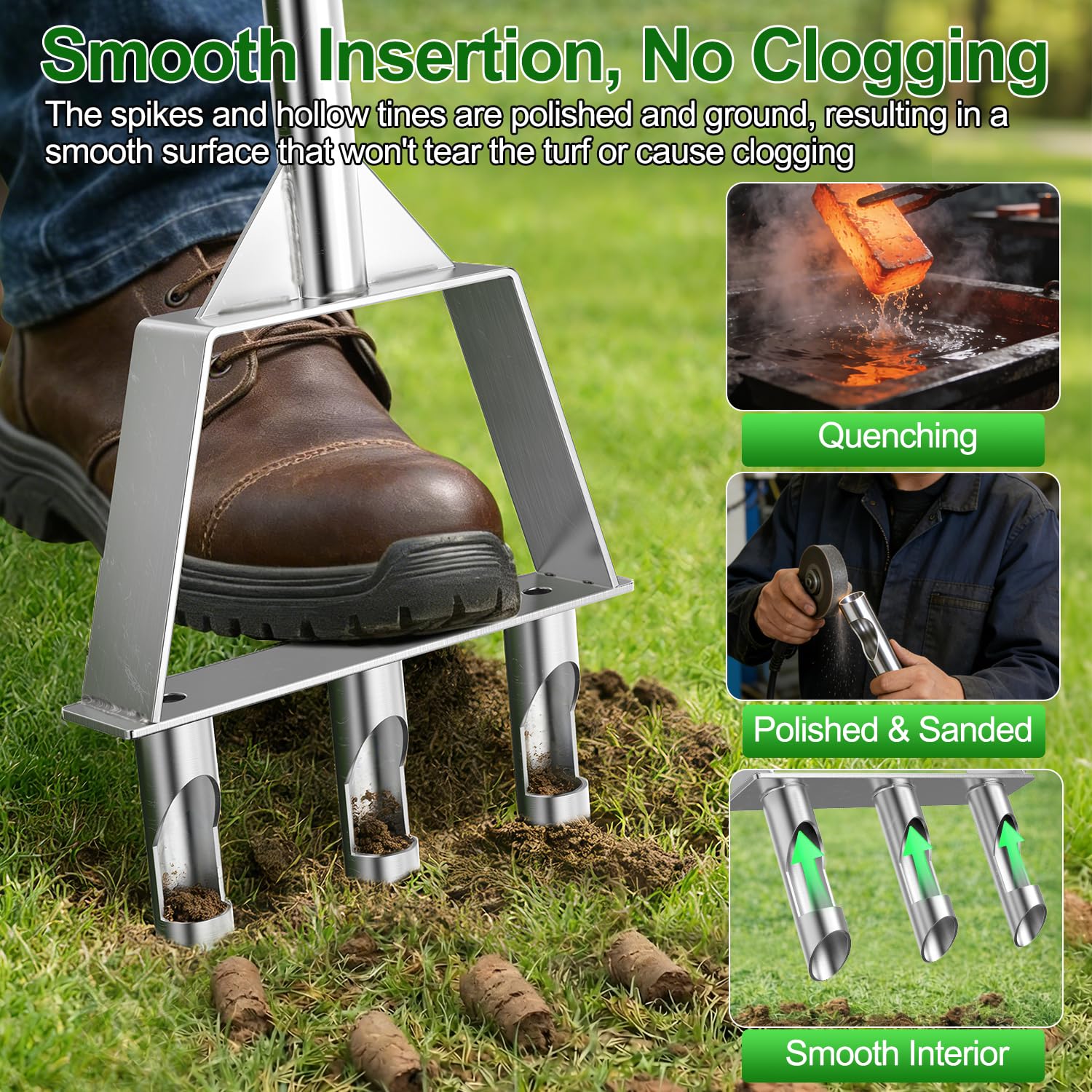 Rasenlüfter, Aerifizierer für Rasen Hohlspoon mit 3 Kerne, Manueller Rasenbelüfter für Rasenpflege und Verdichtete Böden, Langer Griff(99cm)