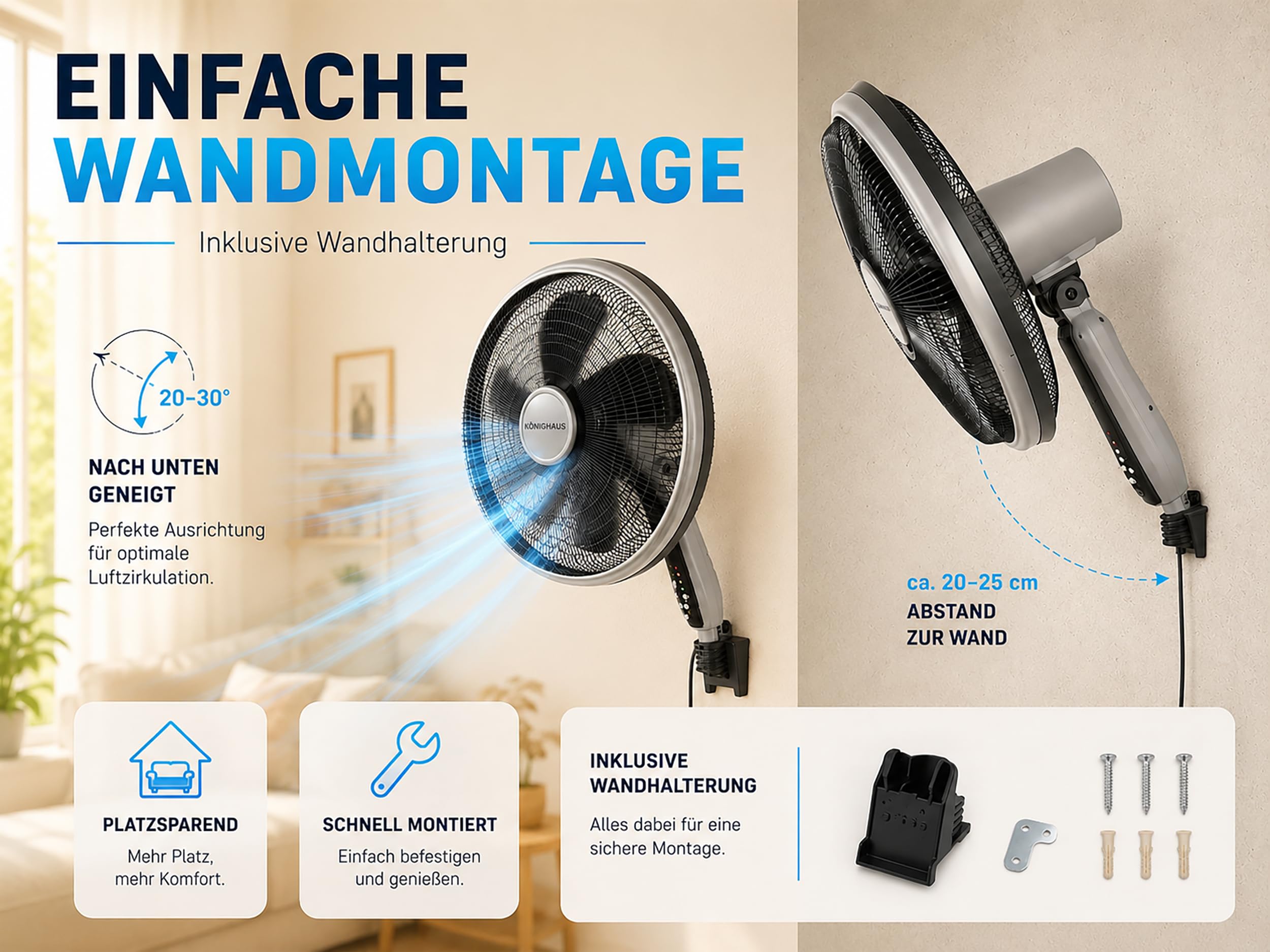Könighaus 3-in-1 Ventilator – Stand-, Tisch- & Wandmontage | WLAN Smart Home (Alexa, Tuya) | Fernbedienung | Oszillierender Standventilator | Timer | Natürlicher Luftstrom | Starke Kühlung bis 20 m