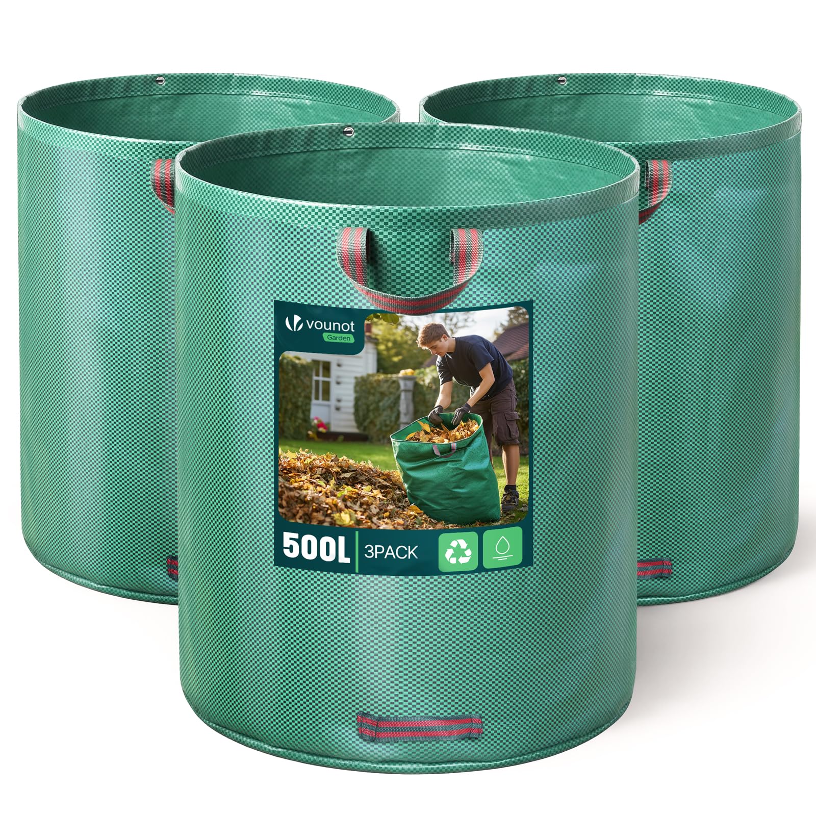 VOUNOT® Set of 3 Garden Waste Bags, 500 L Heavy Duty Reusable Garden Refuse Bags with Handles, Green