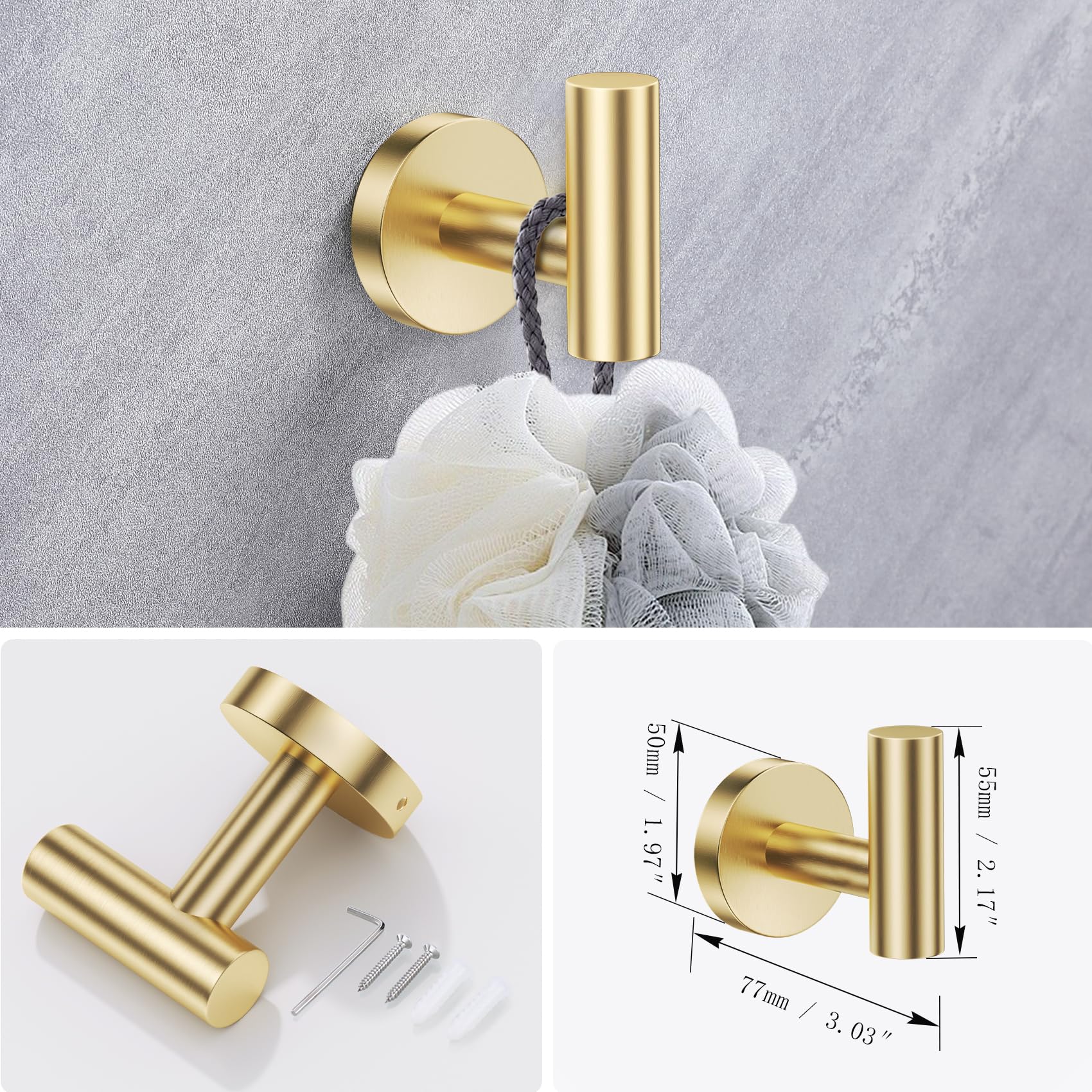 Set di accessori da bagno, in acciaio inox dorato, 4 pezzi, include barre per asciugamani, porta asciugamani di carta e 2 ganci per accappatoio