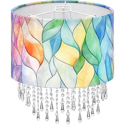 Colorful Macaron Lamp Shade with Acrylic Bead Droplets, Elegent Whimsical Fabric Light Shade for Pendant Table & Floor Lamp, Art Decor for Bedroom or Eentryway, 11.8in