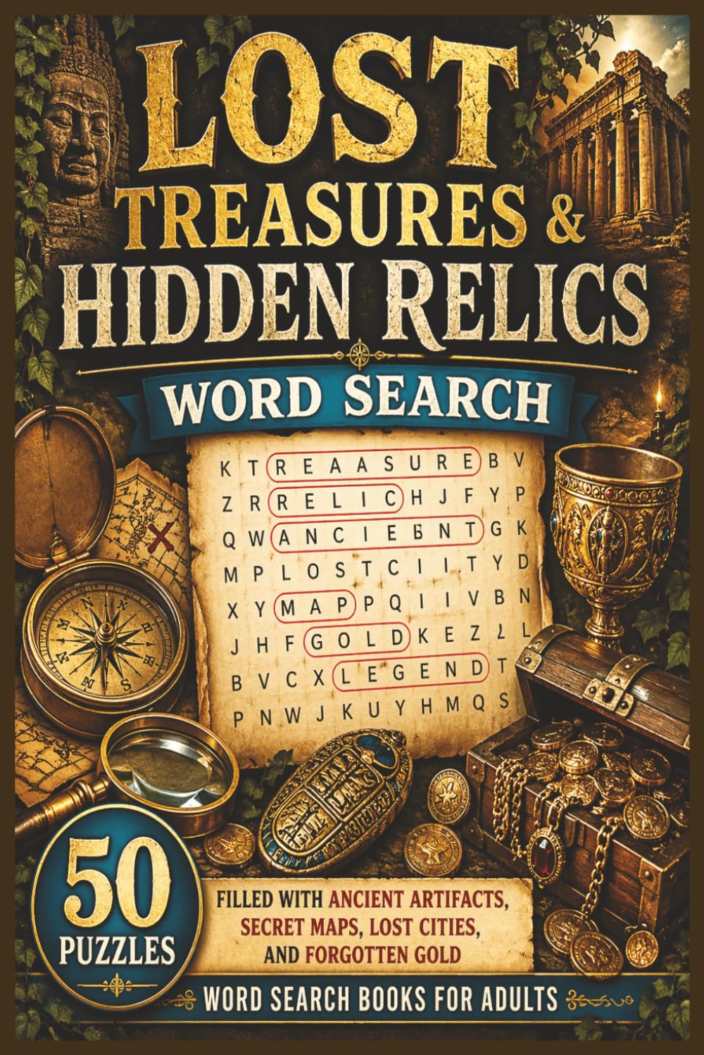 Lost Treasures & Hidden Relics Word Search: 50 Puzzles Filled with Ancient Artifacts, Secret Maps, Lost Cities, and Forgotten Gold — Word Search Books for Adults (Word search books collection)