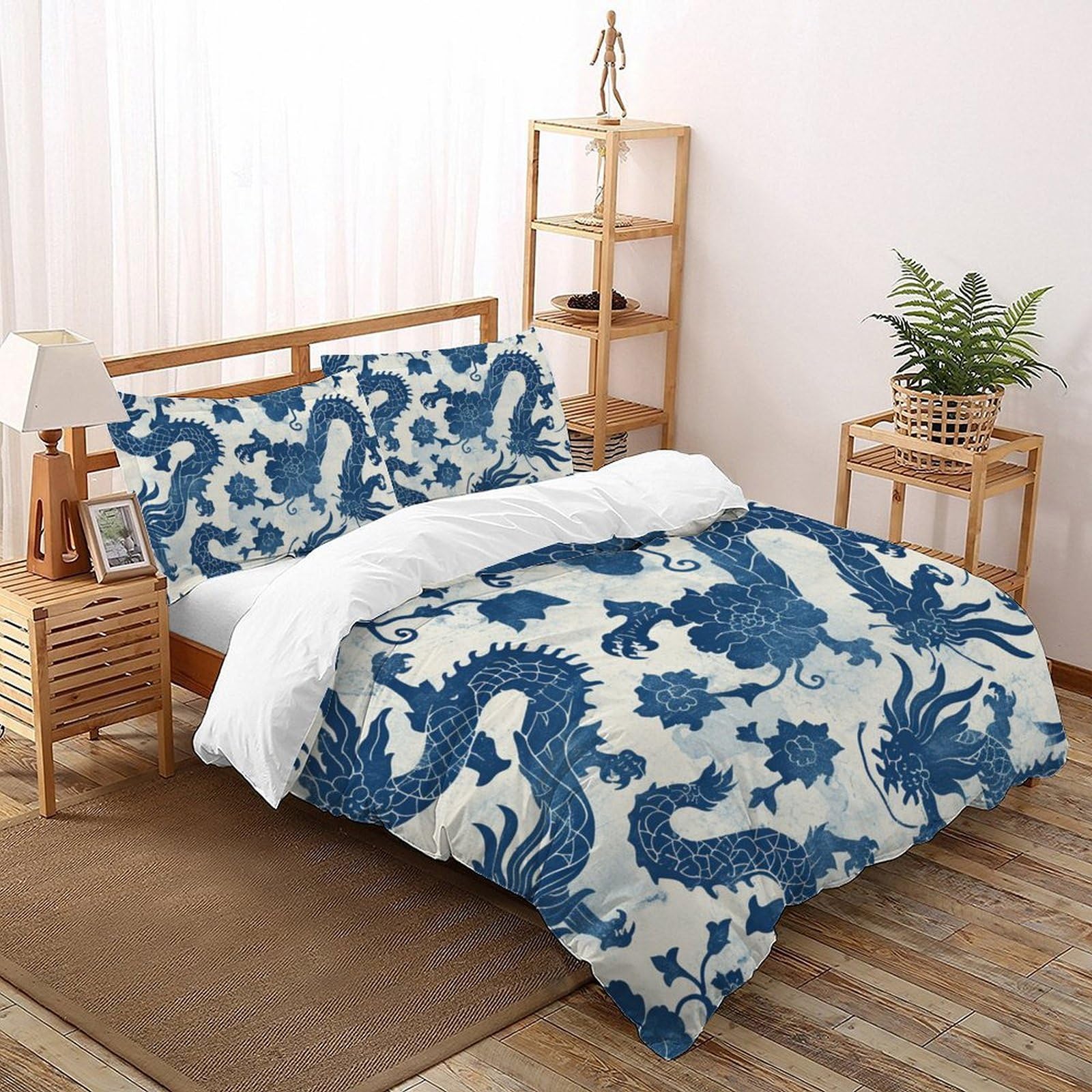 Housses de couette ensemble simple 3D dragon bleu blanc 260x220cm fermeture éclair lit 3 pièces