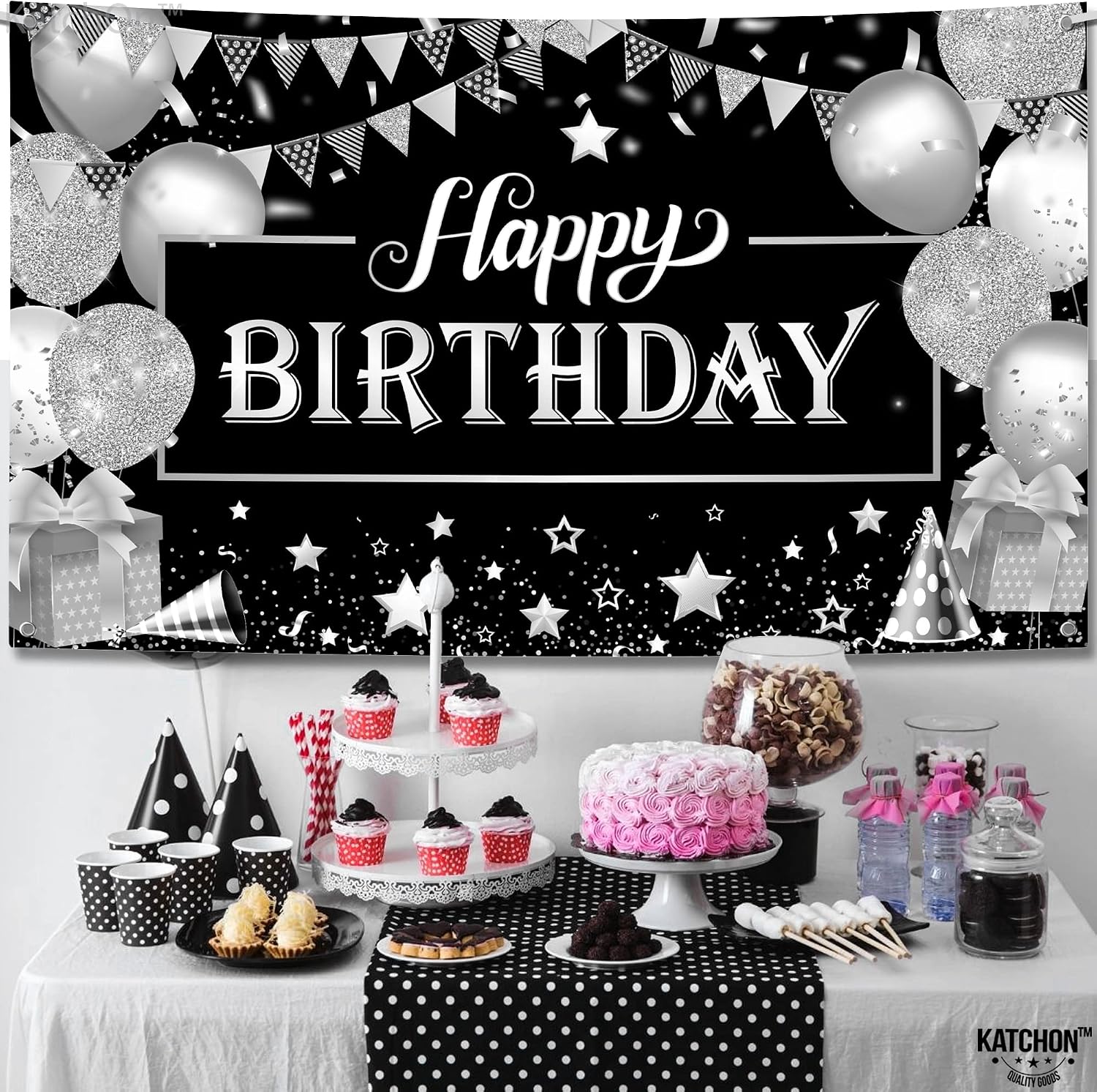 KatchOn, Black and Silver Happy Birthday Banner - 72x44 Inch | Backdrop Banner for Happy Birthday Decorations | Birthday Party Decorations for Women, Men | Happy Birthday Backdrop, Happy Birthday Sign