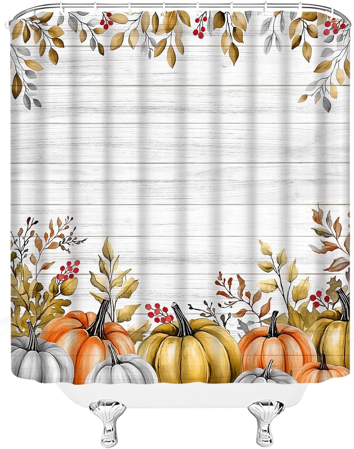 Fall Pumpkin Shower Curtain 70" Wx96 H,Thanksgiving Watercolor Leaves Autumn Pumpkin Harvest Fabric Bathroom Decor Curtains with Hooks,