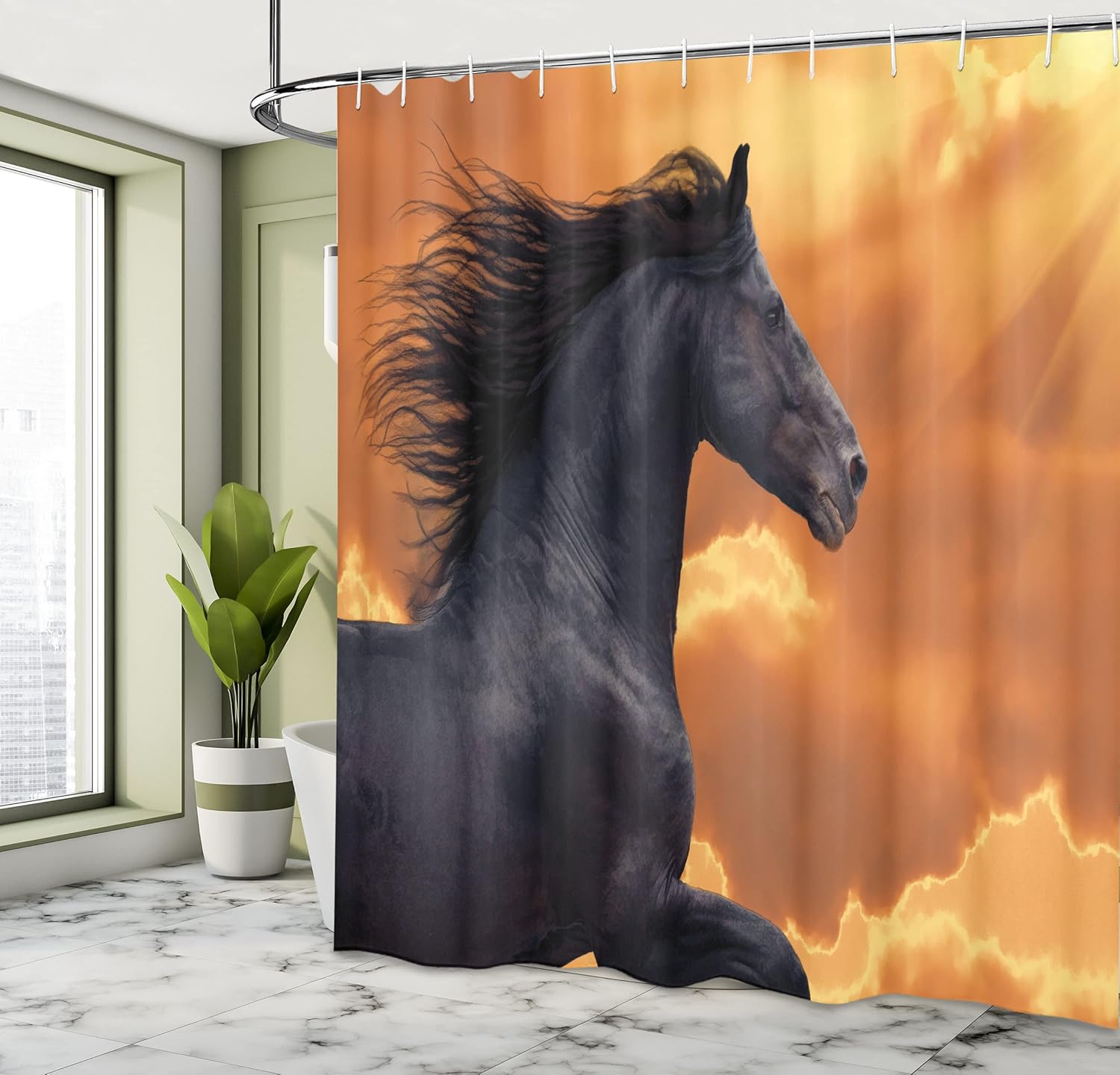 Ambesonne Horses Shower Curtain, Portrait of Galloping Friesian Horse with Hot Sun Rays Intensity Honor Grace Theme, Cloth Fabric Bathroom Decor Set with Hooks, 69" W x 75" L, Black Orange