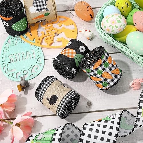 Miniatura 4 de AnyDesign Cinta de 36 yardas con borde con alambre de Pascua huevo de Pascua conejo conejo zanahoria a cuadros tela de primavera rollo de cinta