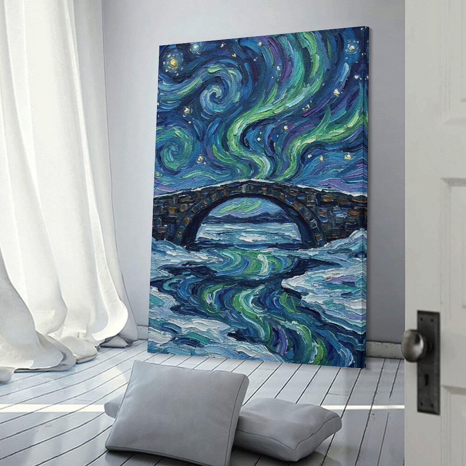 Junmoney Frame-Style-17 Canvas Wall Picture Aurora Borealis Over Stone Bridge Painting, 20X30inch(50X75cm), For Study, Office Or Focused Interiors, Wall Art That Adds Style To Work Areas