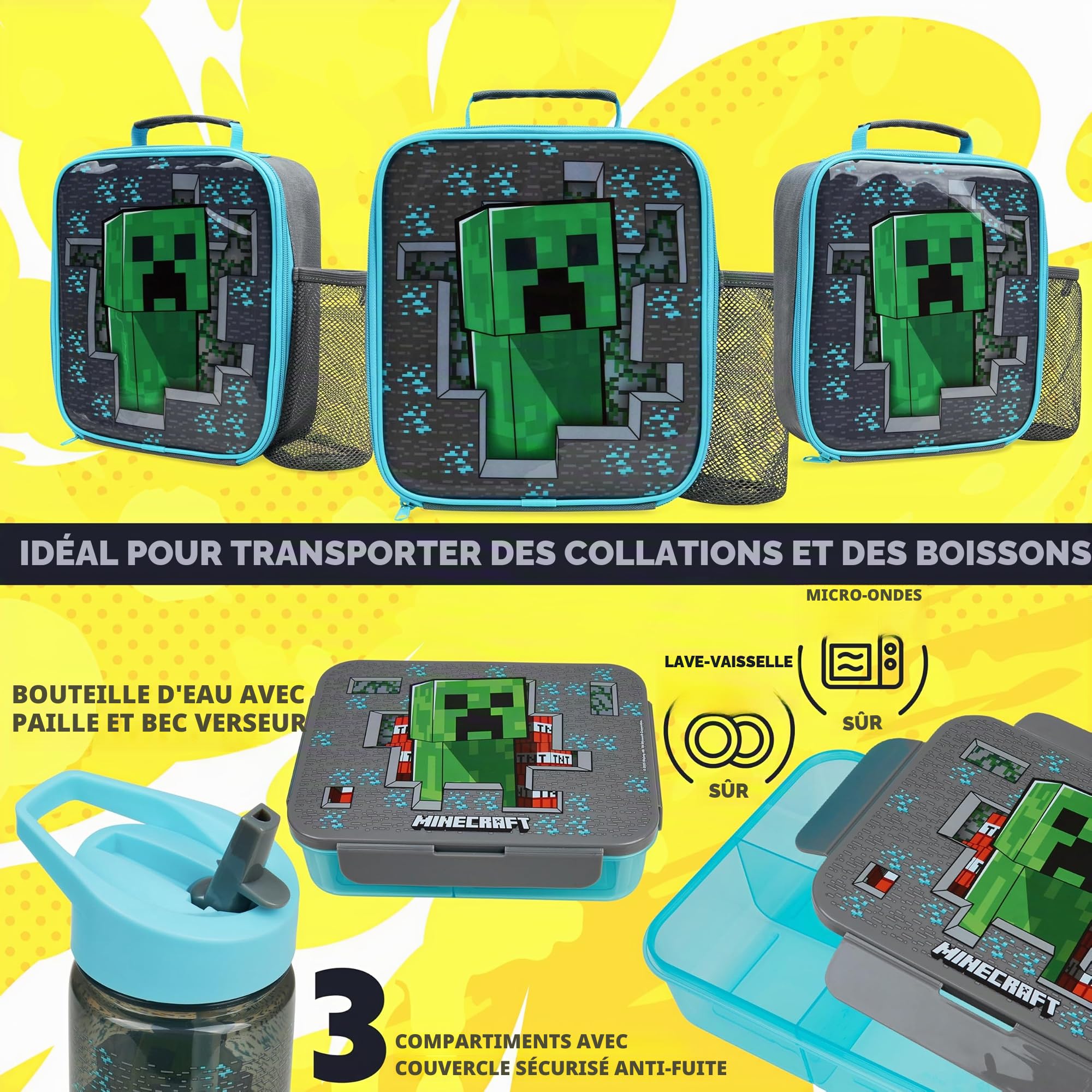 Get Trend Minecraft Sac Isotherme Repas Enfant, Gourde et Boite Bento, Kit Déjeuner de 3 Accessoires Scolaires, Sans BPA, École Voyage Pique Nique (Multi Minecraft)