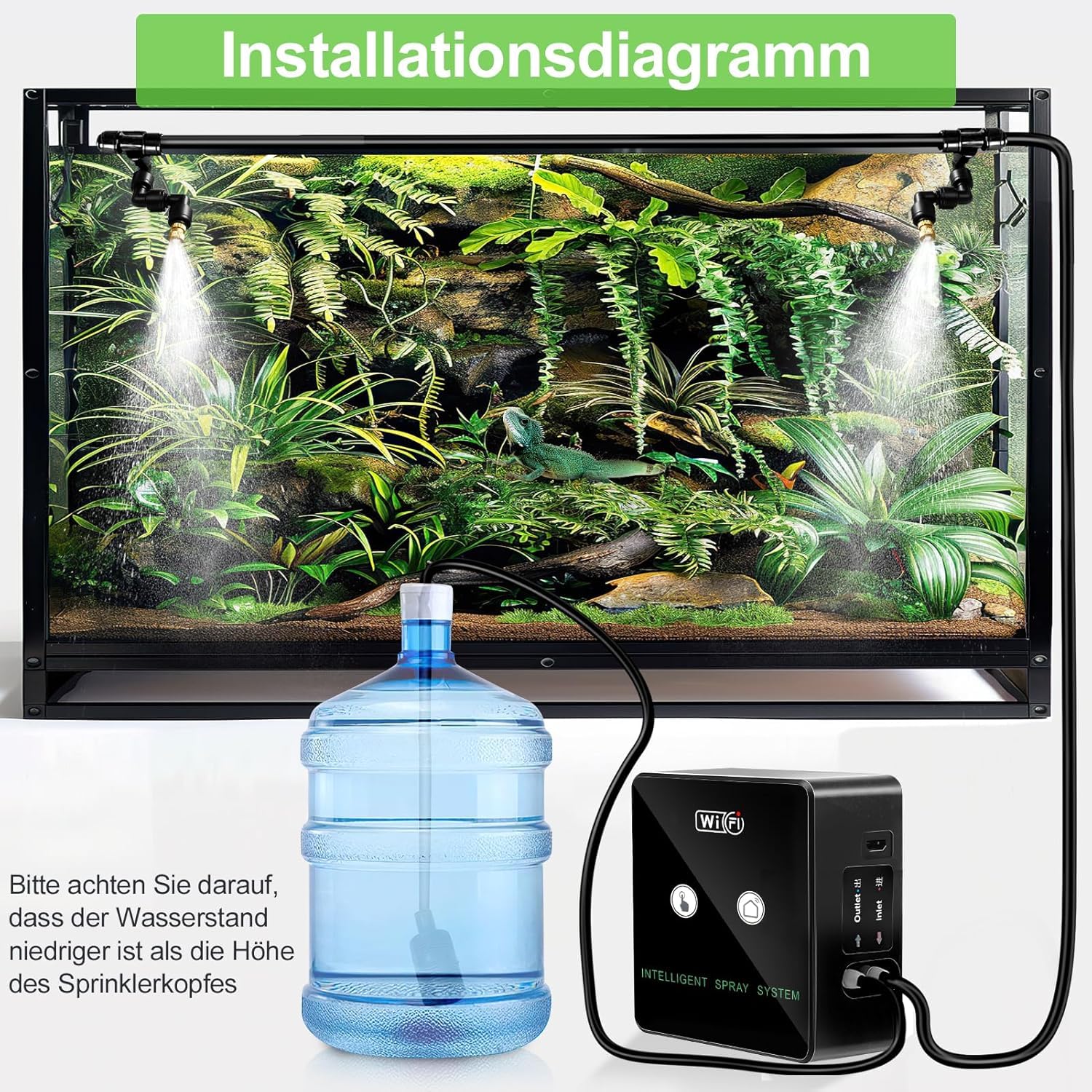 Humidificador de terrario, sistema inteligente de reptiles con boquillas de pulverización ajustables de 360°, temporizador y mando a distancia para teléfono móvil, funcionamiento automático