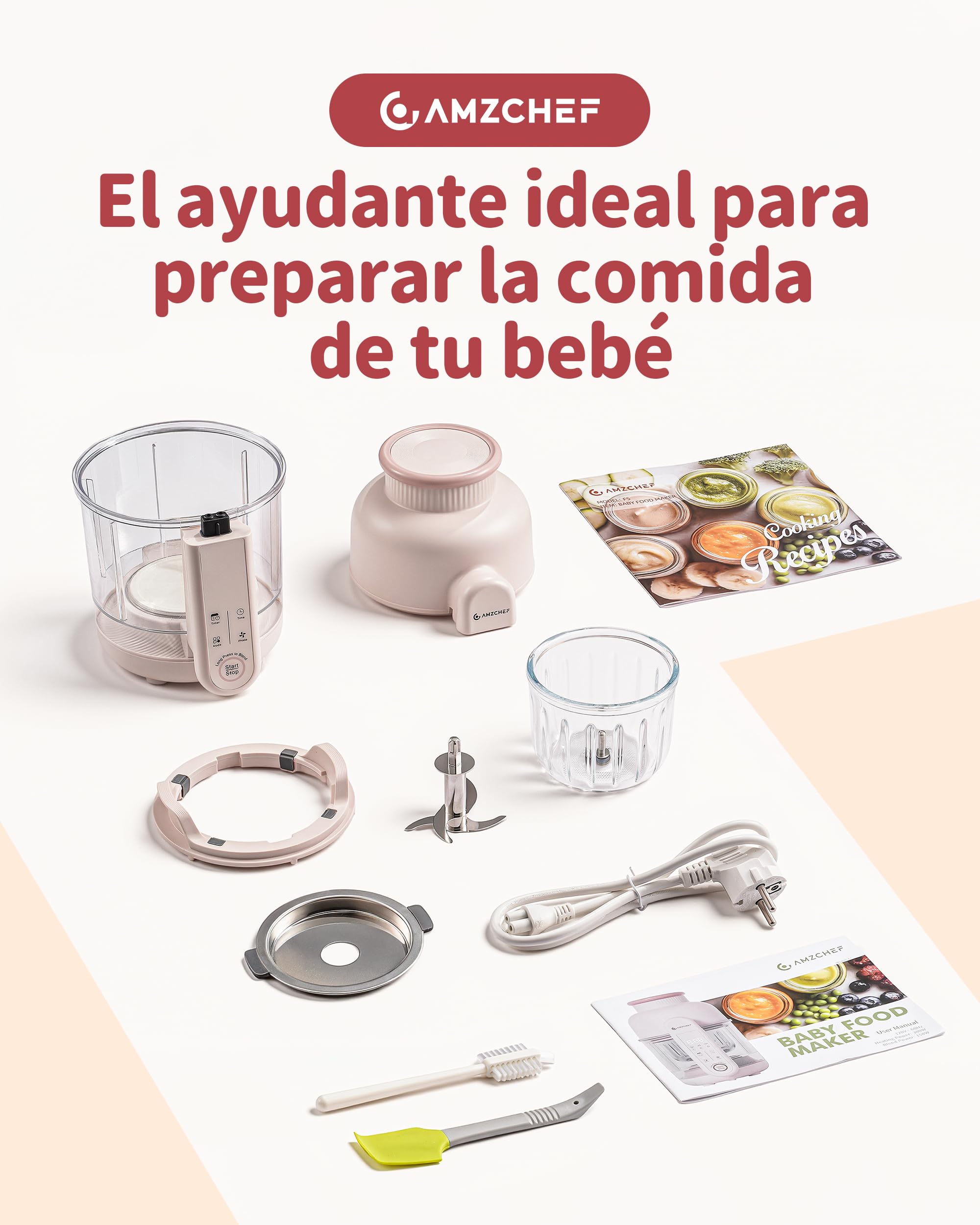 AMZCHEF Robot de cocina para bebé 6-en-1 Vaporera & Licuadora – Programas por Etapas de Edad 1–5, Libre de BPA – Cocinar al Vapor, Triturar, Puré, Descongelar, Auto-Limpieza – Control Táctil