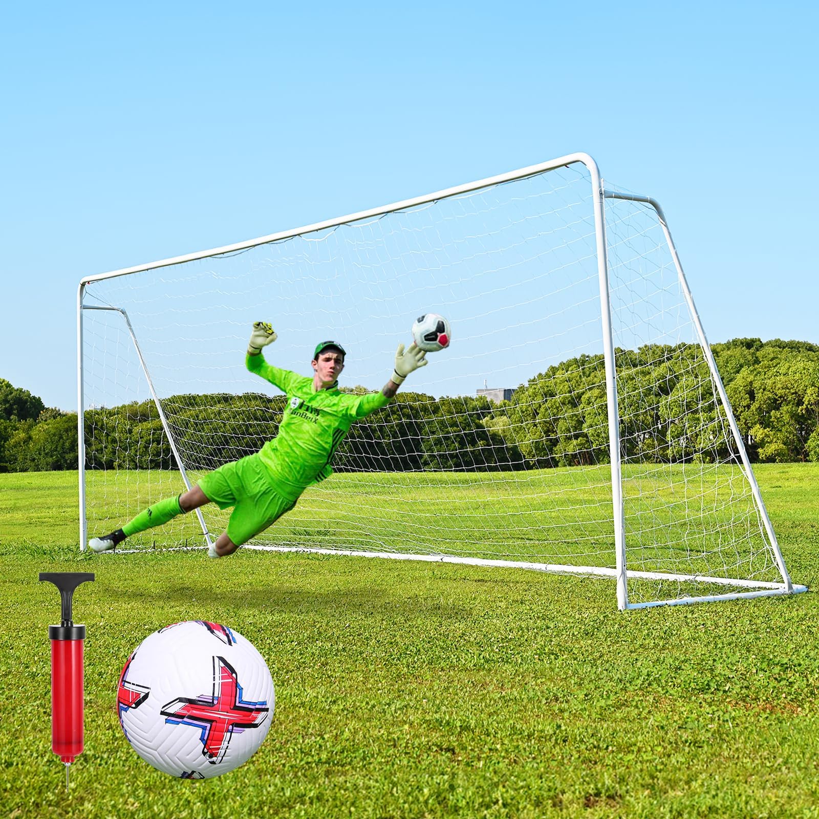 24 X 8 サッカーゴール スチール 工業グレード パウダーコーティング 亜鉛メッキ プロフェッショナル ポータブル トレーニング サッカーゴール ネット付き 規定MLSサイズ
