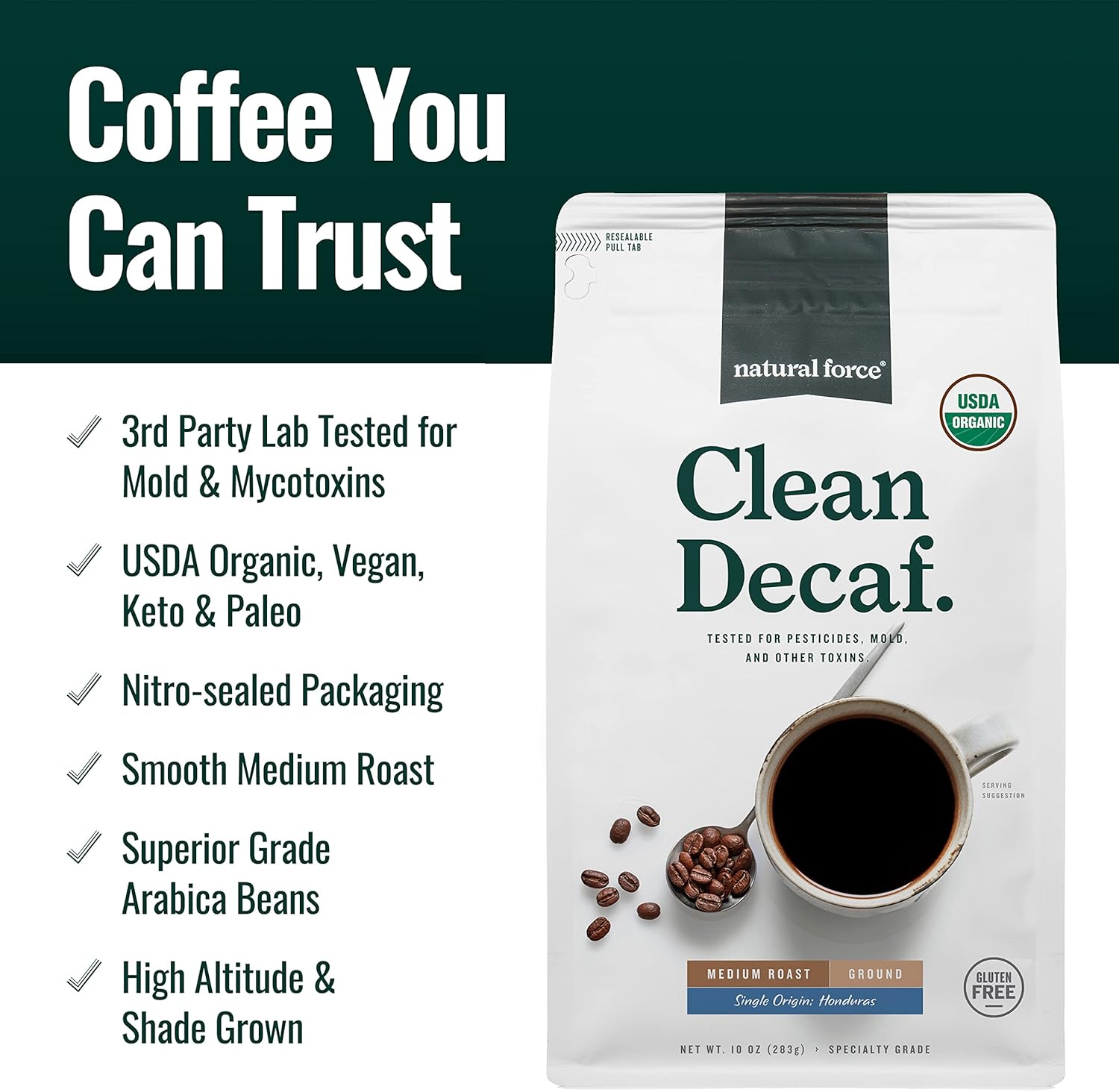 Natural Force Organic Ground Clean Decaf Coffee + Creamy Caramel MCT Oil Bundle – Flavored MCT Creamer & Mold & Mycotoxin Free Coffee – Non-GMO, Keto, Paleo, and Vegan-10 Oz Bag and 16 Oz Glass Bottle