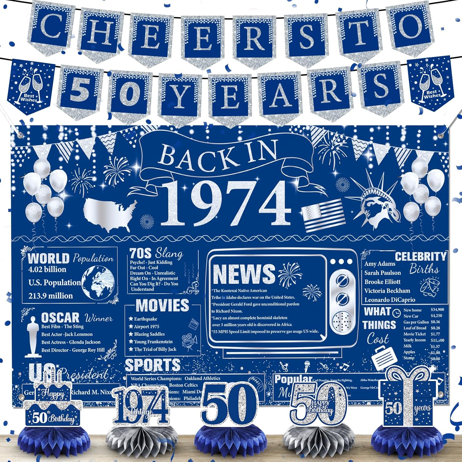 Blue Silver 50th Birthday Decorations for Men Women Back in 1974 Banner Backdrop