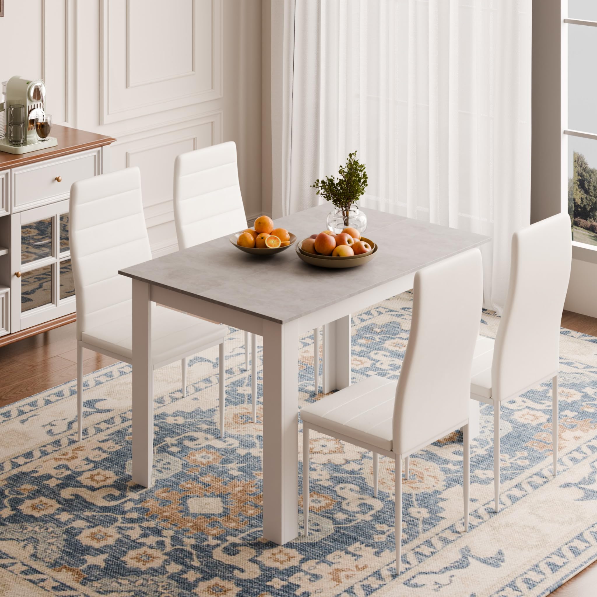 Mondeer Tavolo da pranzo, 120 x 80 cm, moderno, per 4 persone, in legno, rettangolare, per sala da pranzo, cucina, soggiorno, grigio e bianco