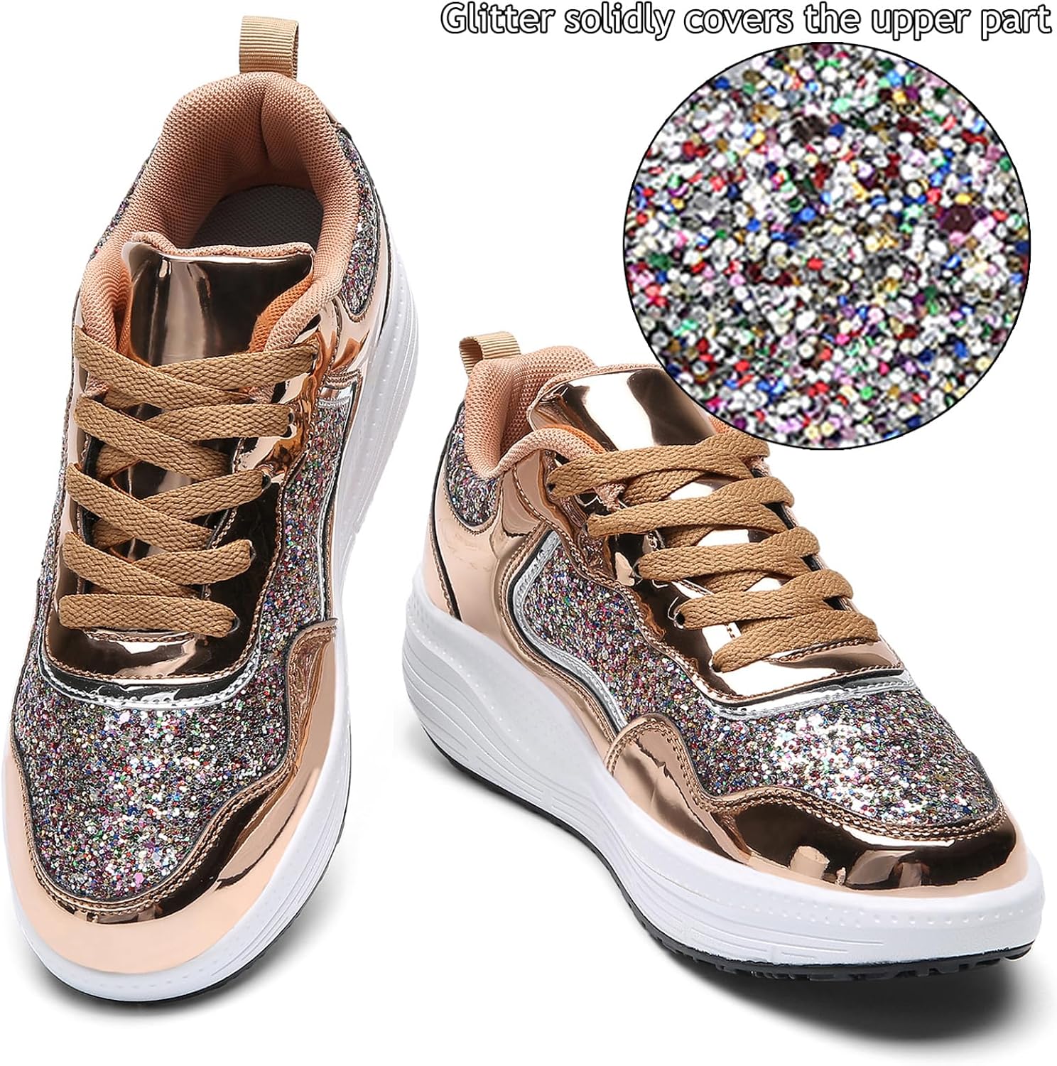 WUIWUIYU Women's Girls' Wedge Platform Shiny PU Sparkly Sequins Glitter Lace-Up Sneakers Street Dance Shoes - Image 4