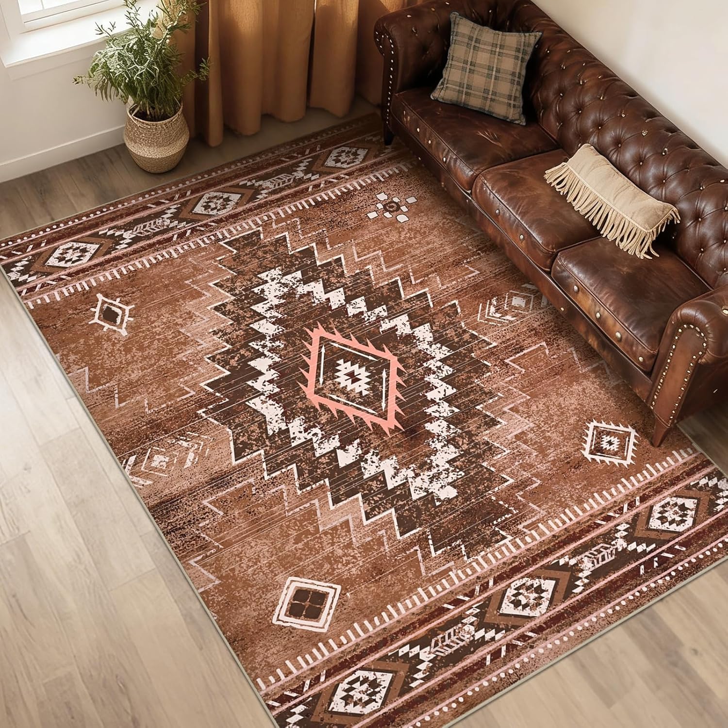 Yinhua Western Living Room Rug 5x7, Moroccan Low-Pile Washable Rug for Bedroom, Aztec Brown Rugs Non Slip with Rubber Backing, Soft Non-Shedding Carpet for Nursery Classroom Office