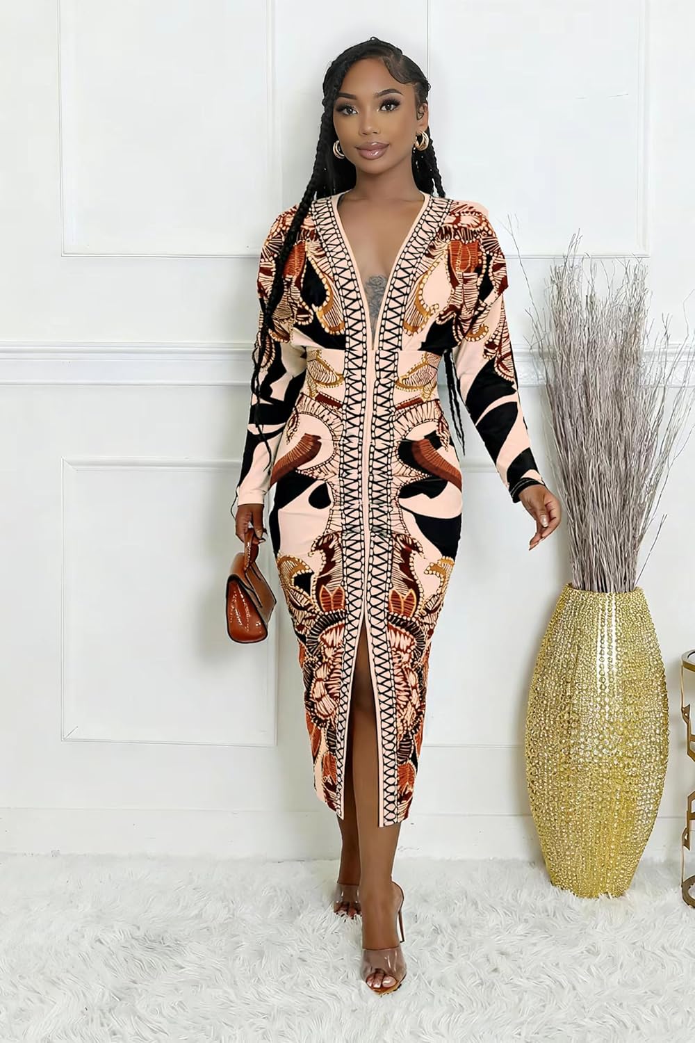 Women Long Sleeve Dress Casual Bodycon Maxi Dress Deep V Neck Ruched Midi Dresses Sexy Slit Plus Size Dresses - Image 3