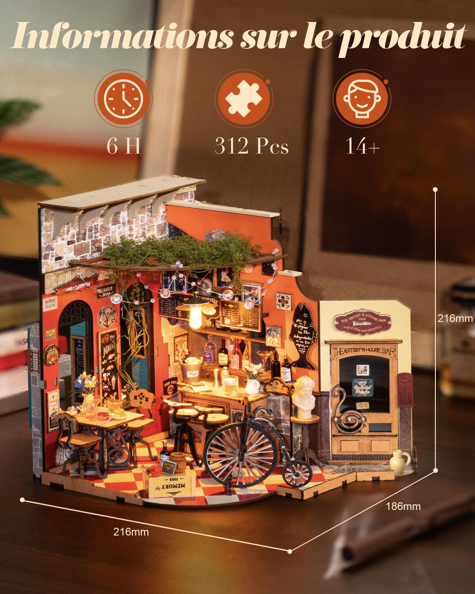 Rolife Maison Miniature - Maquette 3D Puzzle Cheers Bar, Maison de Poupée en Bois 3D à Construire Book Nook pour Adultes et Adolescents