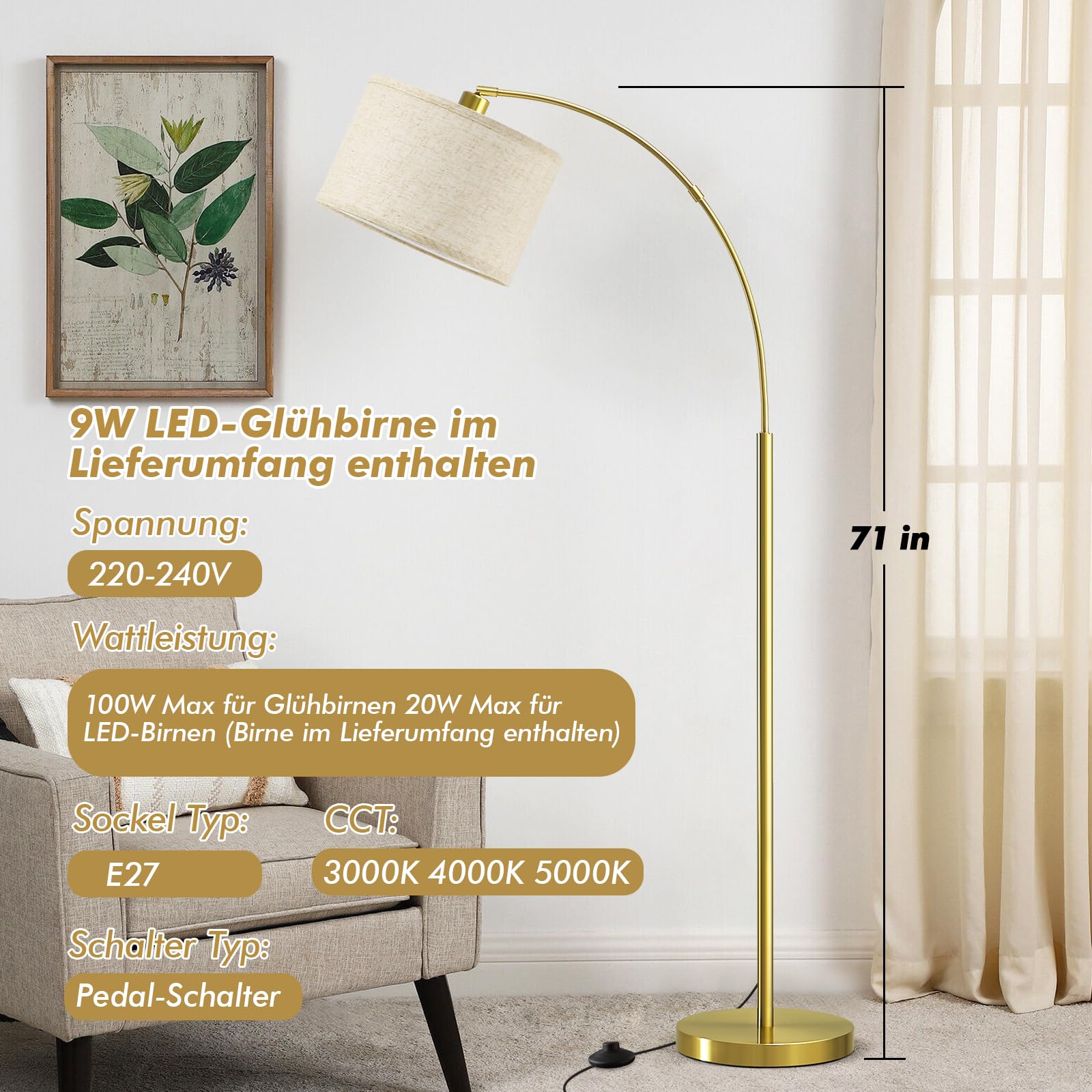 GyroVu Wohnzimmer Stehlampe, 161cm Bogenlampe mit Verstellbarem Lampenkopf & Fußschalter, Moderne Stehlampe mit 3 Farbtemperaturen, Standleuchte für Wohnzimmer Schlafzimmer und Büro Stehleuchte