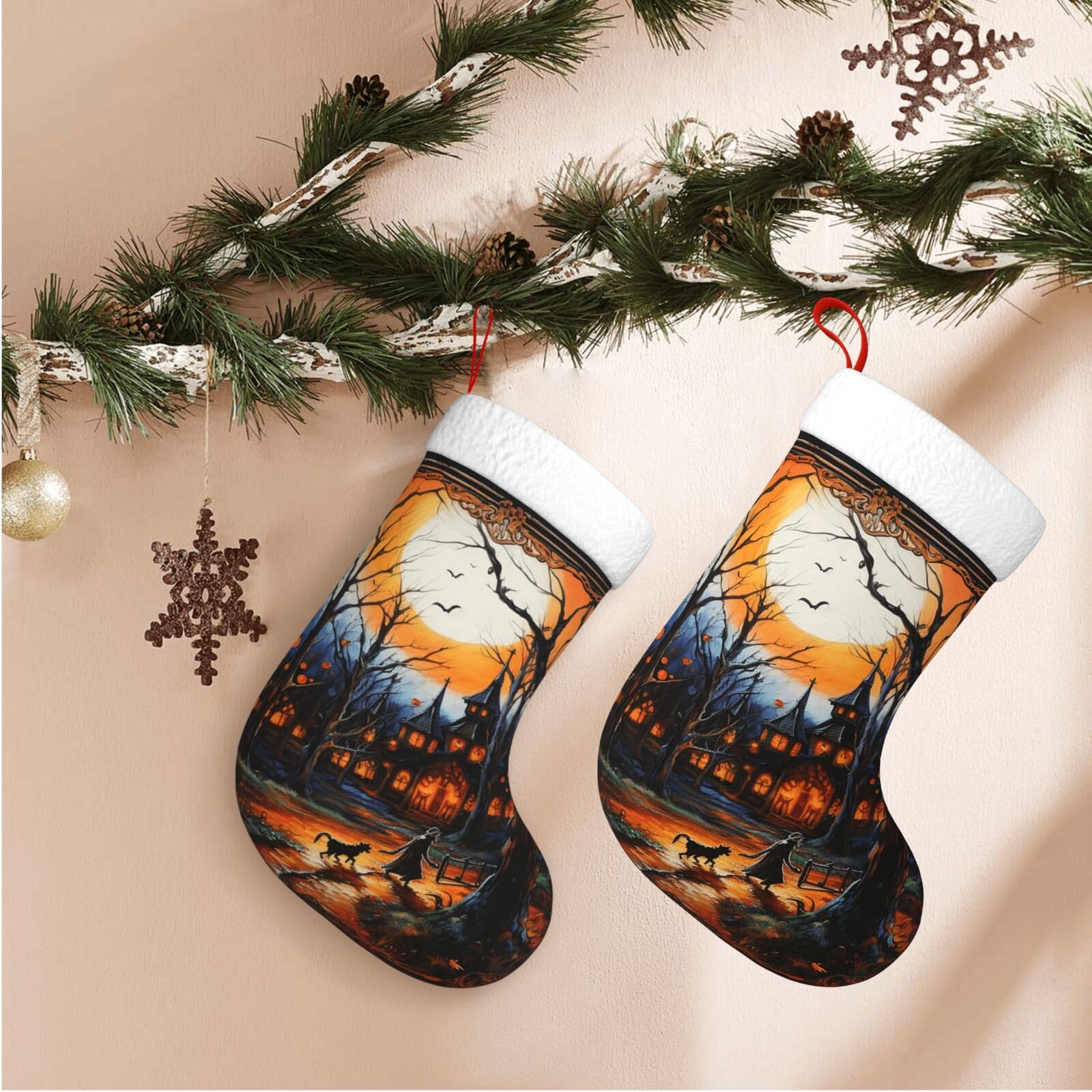 17.7" Christmas Stocking 1 Piece, Halloween Party Xmas Stockings with White Plush Cuff Fireplace Hanging Stocking for Christmas Holiday Party Decoration
