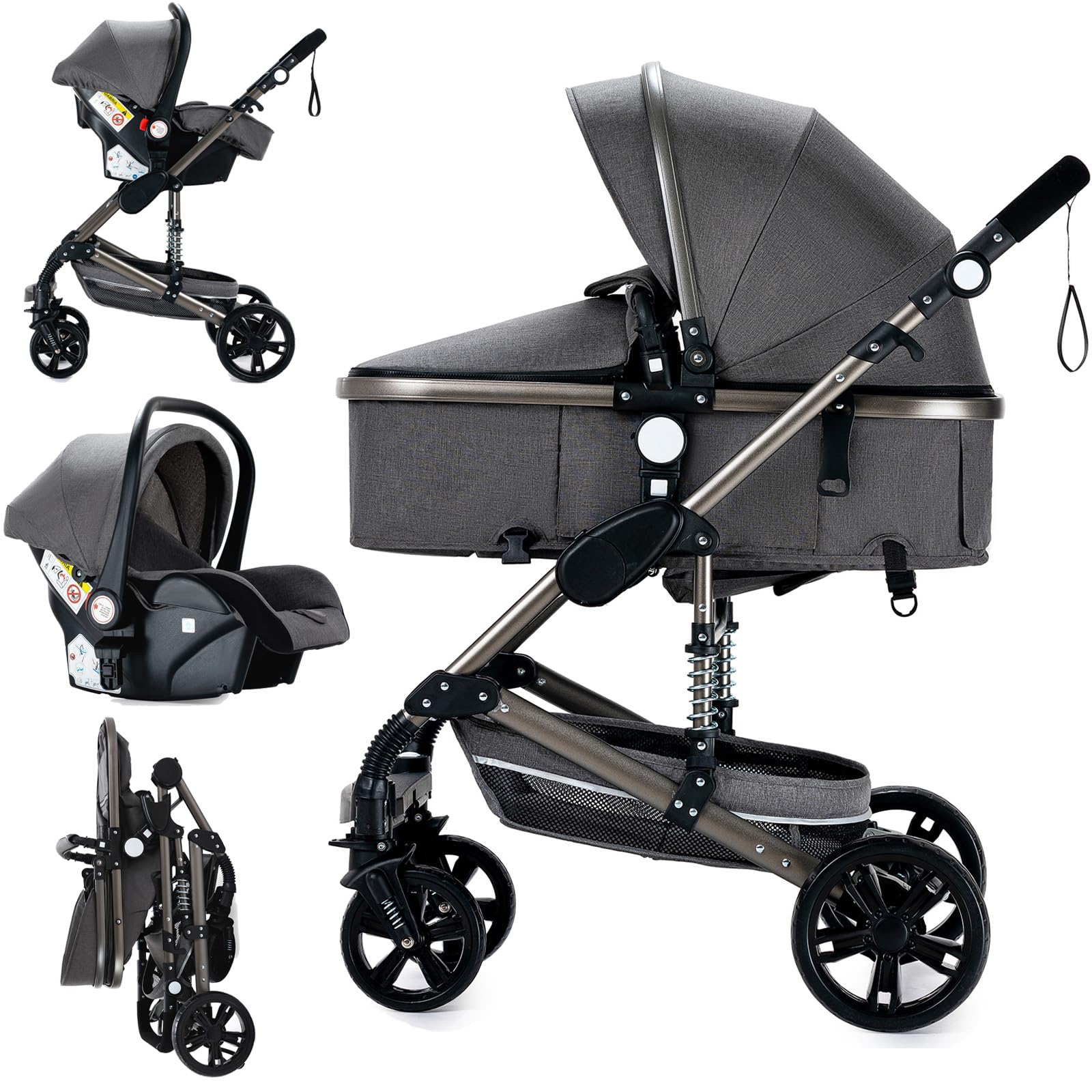 MoLi 3 in 1 Kombikinderwagen 3 in 1 Infant Reisesysteme Hochlandschaft Kinderwagen Liegender Buggy Kinderwagen Neugeborenen Kinderwagen Faltbarer Standardkinderwagen (739 Grey)