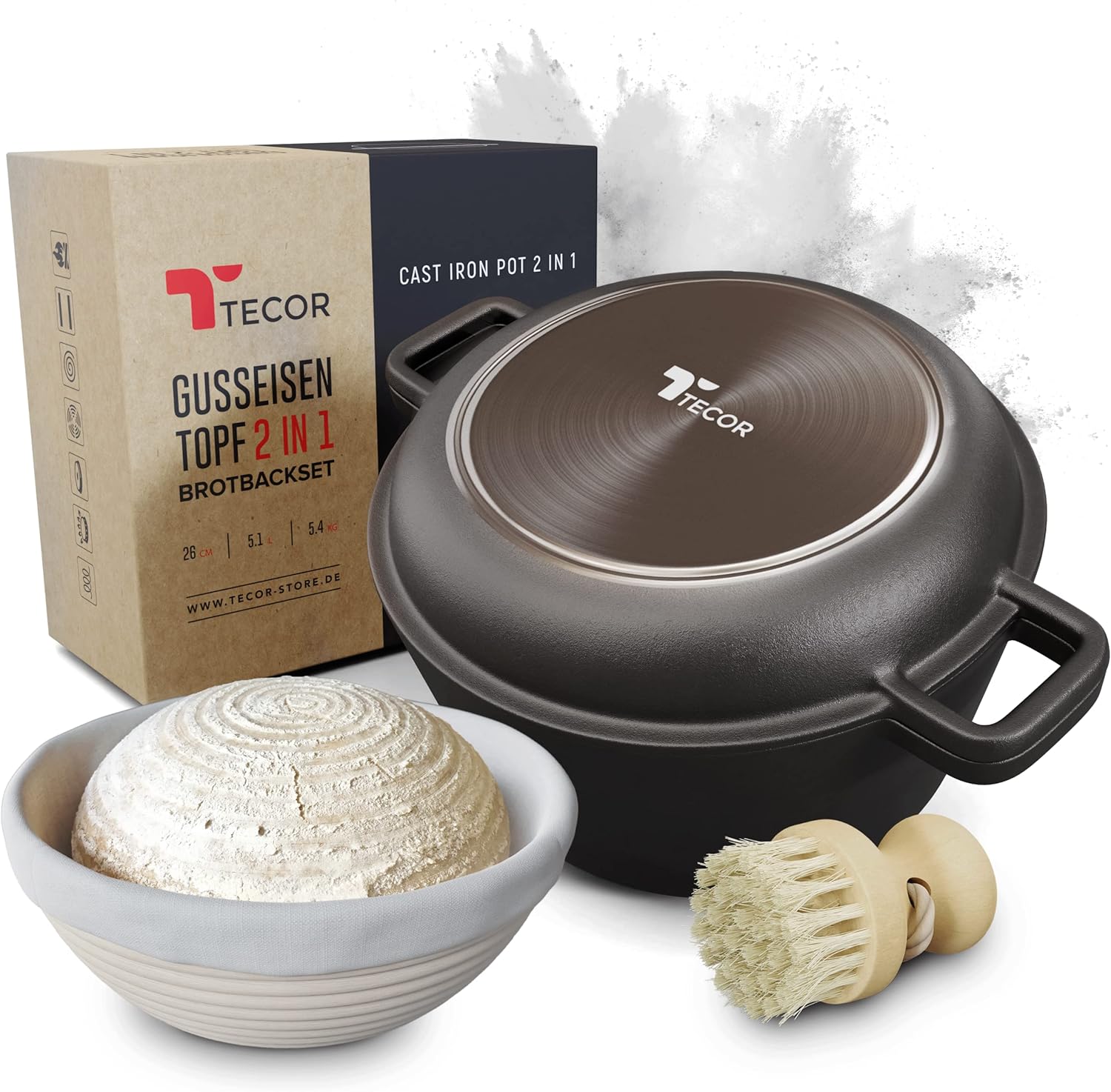 TECOR® Gusseisen Topf Brot backen & Gärkorb | geschliffene Oberflächen | 26cm - Brotbackform mit ...