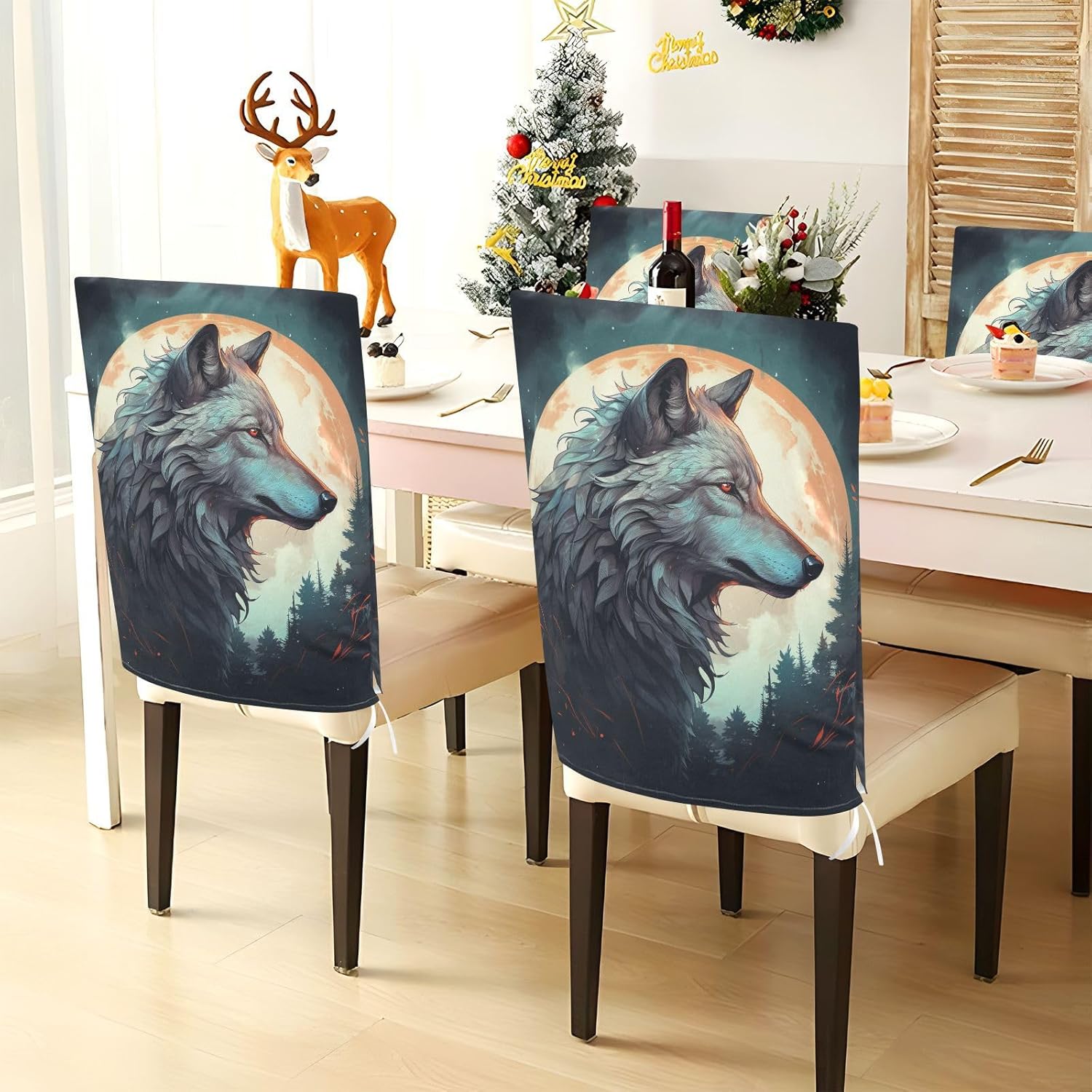ALAZA Wolf and Moon Chair Back Cover Set of 6, Washable Reusable Removable Chair Slipcovers Decorative Chair Cover for Home Kitchen Wedding Party