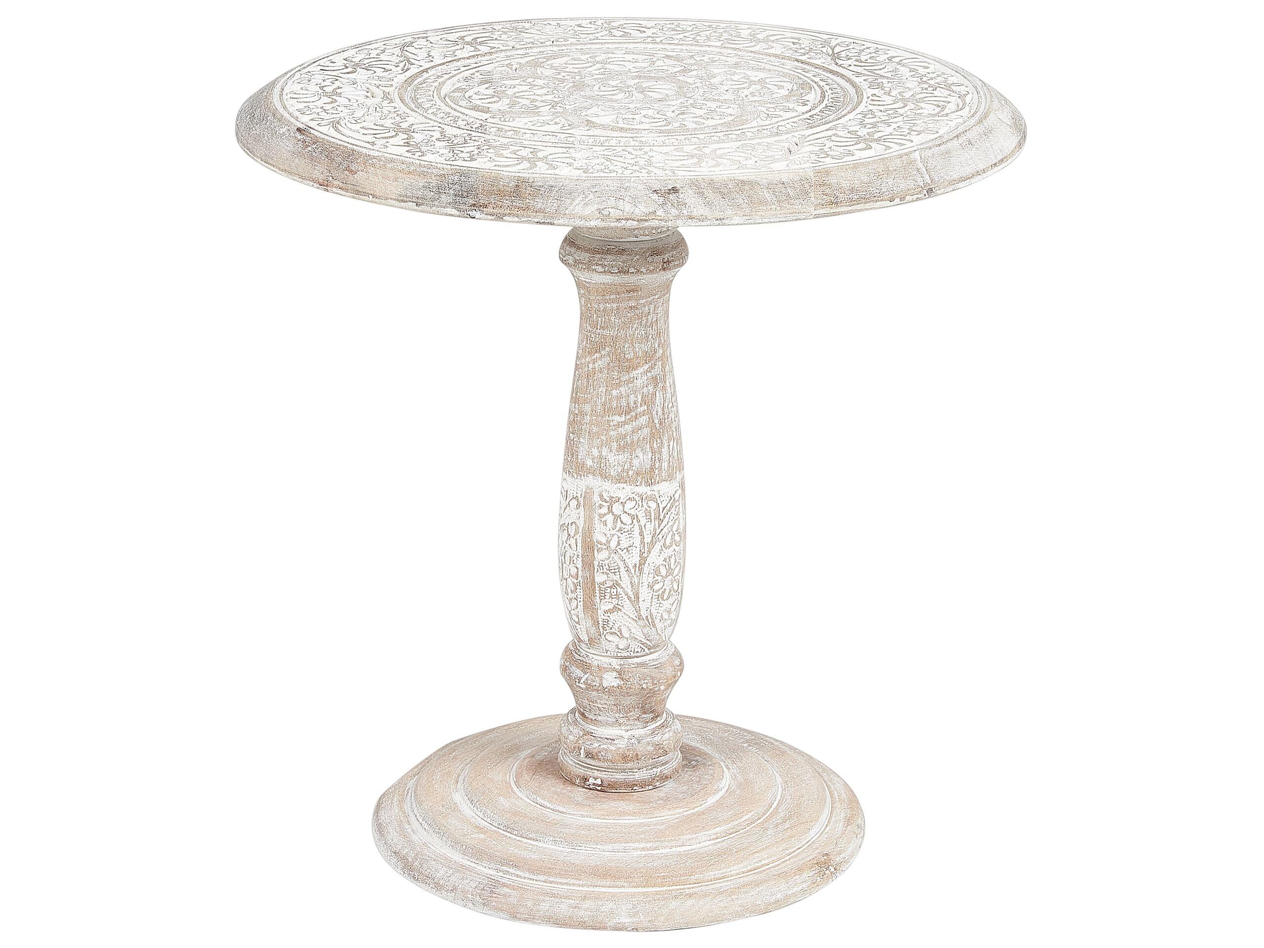 Beliani Table d'Appoint Blanc Cassé en Bois de Manguier Guéridon à Plateau Sculpté Jambia