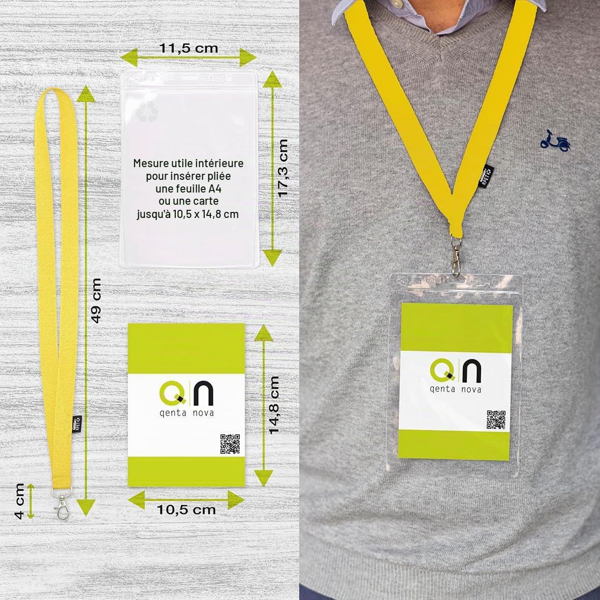 Lot de 50 porte-badges A6 format A6 recyclé - Porte-badge transparent avec cordon en matériau recyclé (Jaune)