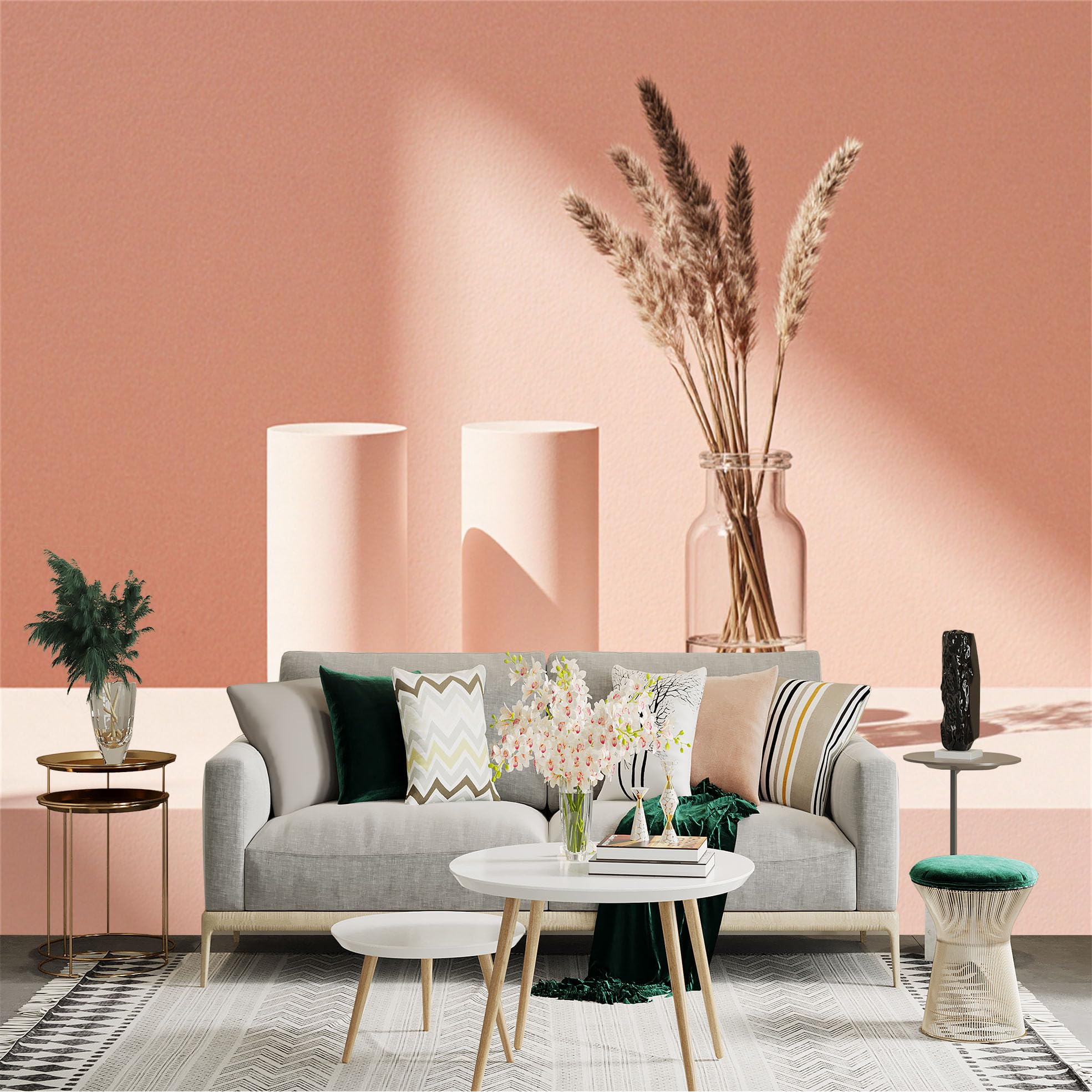 Custom Size Wall Sticker Mural， Minimalist Soft Pink Background， Modern Cylindrical Pedestal， Dry Pampa Decor， Elegant Pastel Aesthetic， for wall Decoration， peelandstick wall Decals.