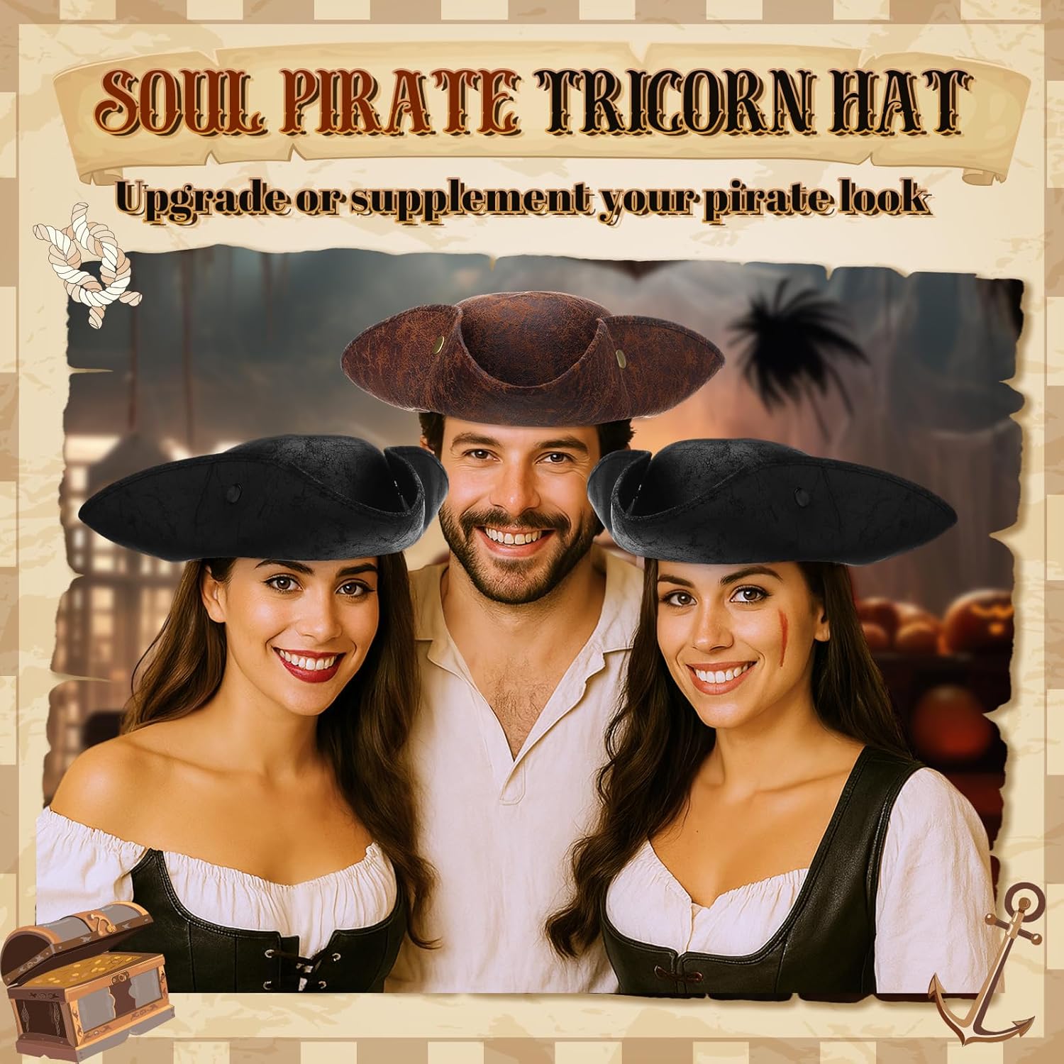 Chicingyou Pirate Hat Faux Leather Colonial Tricorn Hat for Adult Renaissance Costume Patriotic Halloween Dressed Accessories