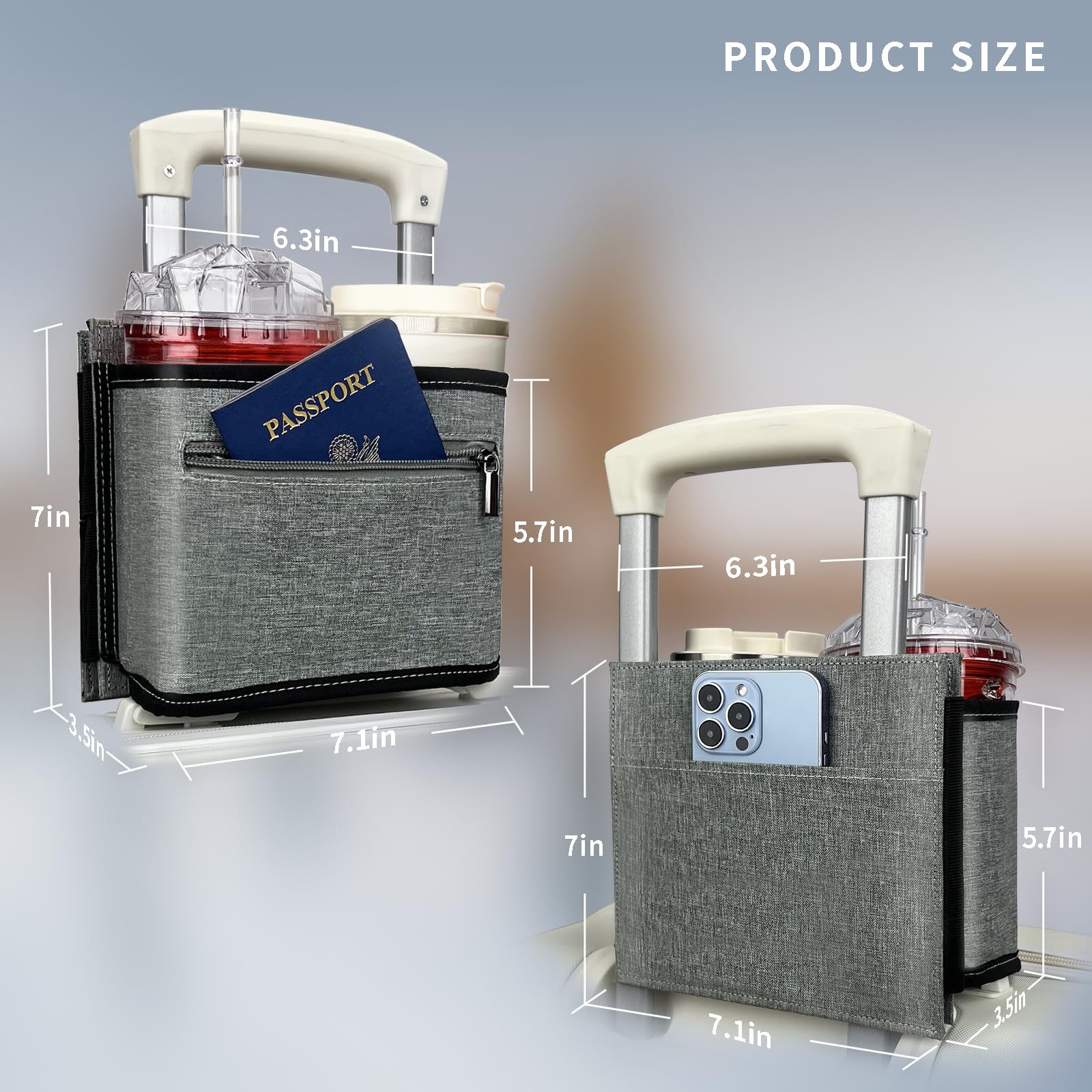 Travel Luggage Cup Holder, Vethers Drink Carrier, Luggage Cup Holder Attachment, Free Hand Suitcase Drink Carrier for Drinks Beverages, Coffee, Bottles, Snacks (Snowy Gray)