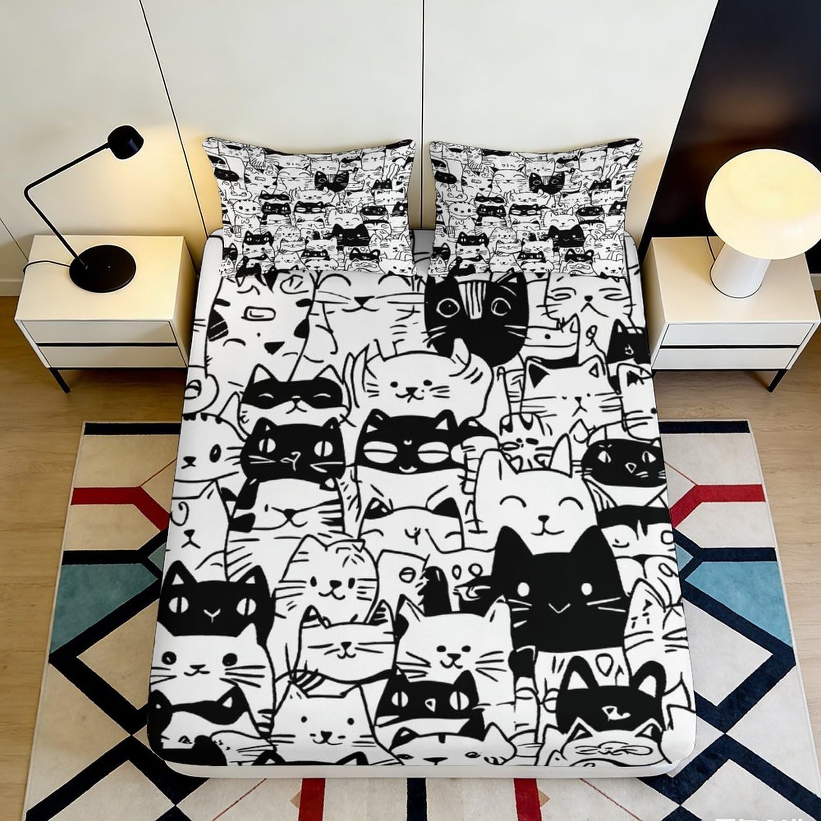 3D Printed Cartoon Cat Fitted Sheet Microfiber Black White Animal Pattern Mattress Cover for Bedroom Dorm Home 160x200x25cm