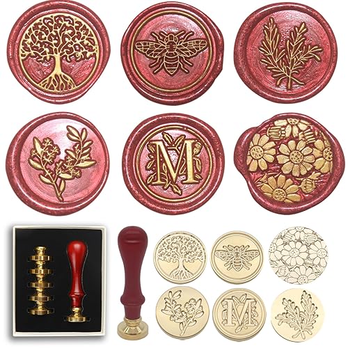 Miniatura 1 de Juego de sellos de cera, 6 sellos botánicos de cera de sellado de cobre, 1 empuñadura de madera, kit de sellos de cera que incluye eucalipto, abeja,